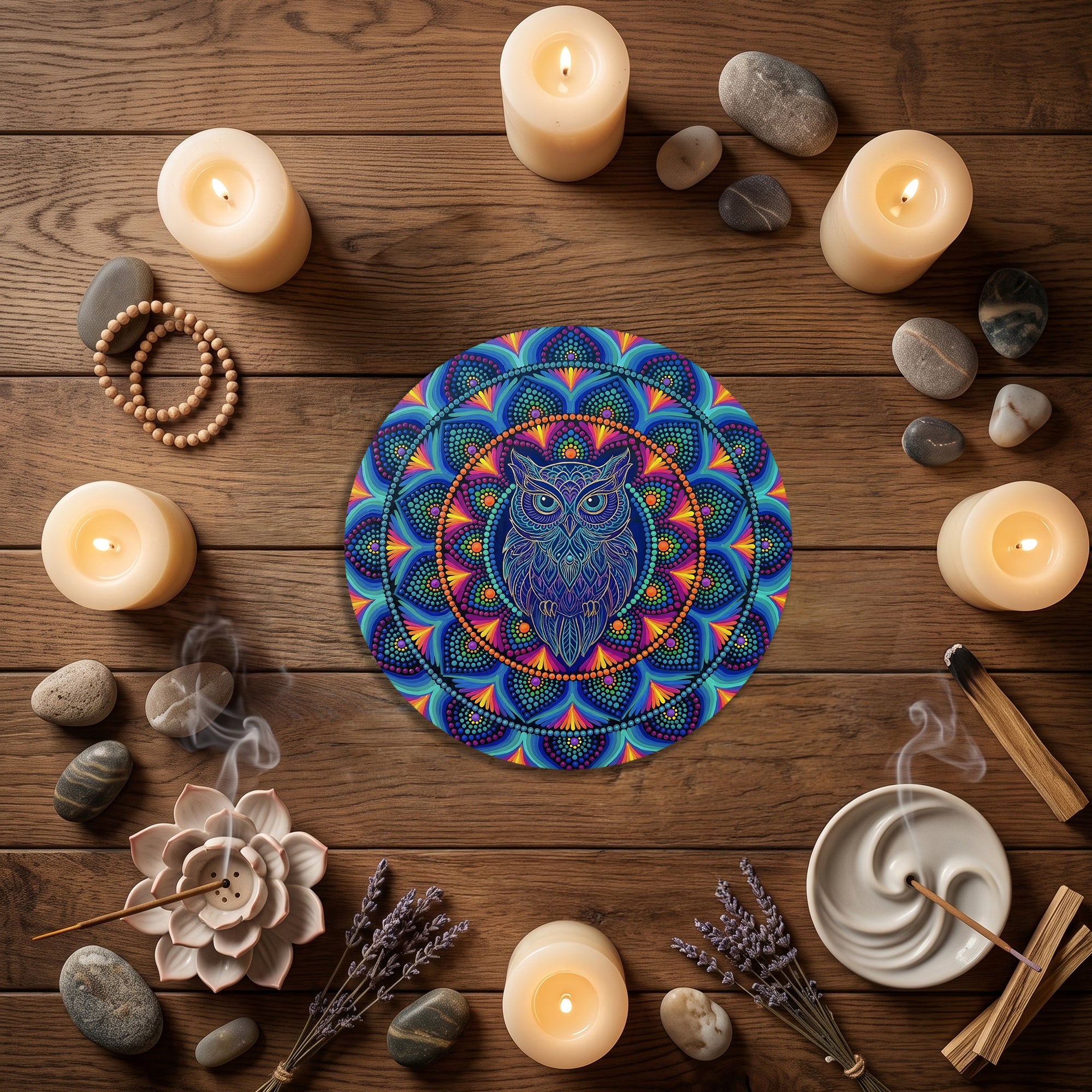 Neon Blue Owl Mandala Wall Art