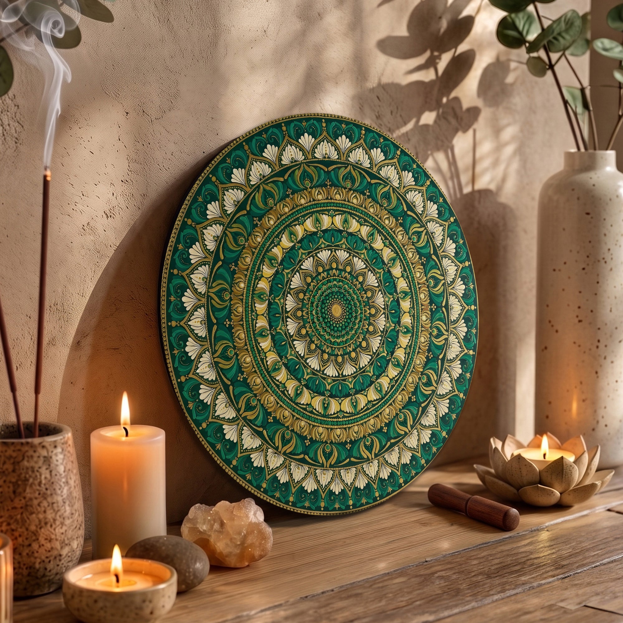 Emerald Gold Bloom Mandala Wall Art