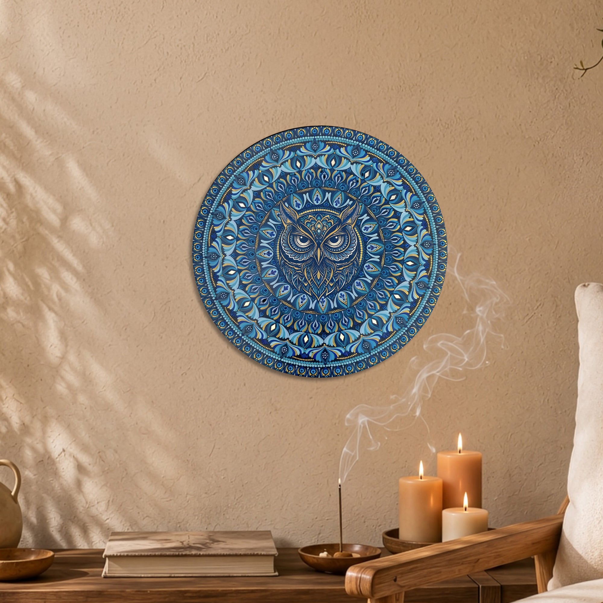 Colourful Blue Owl Mandala Wall Art