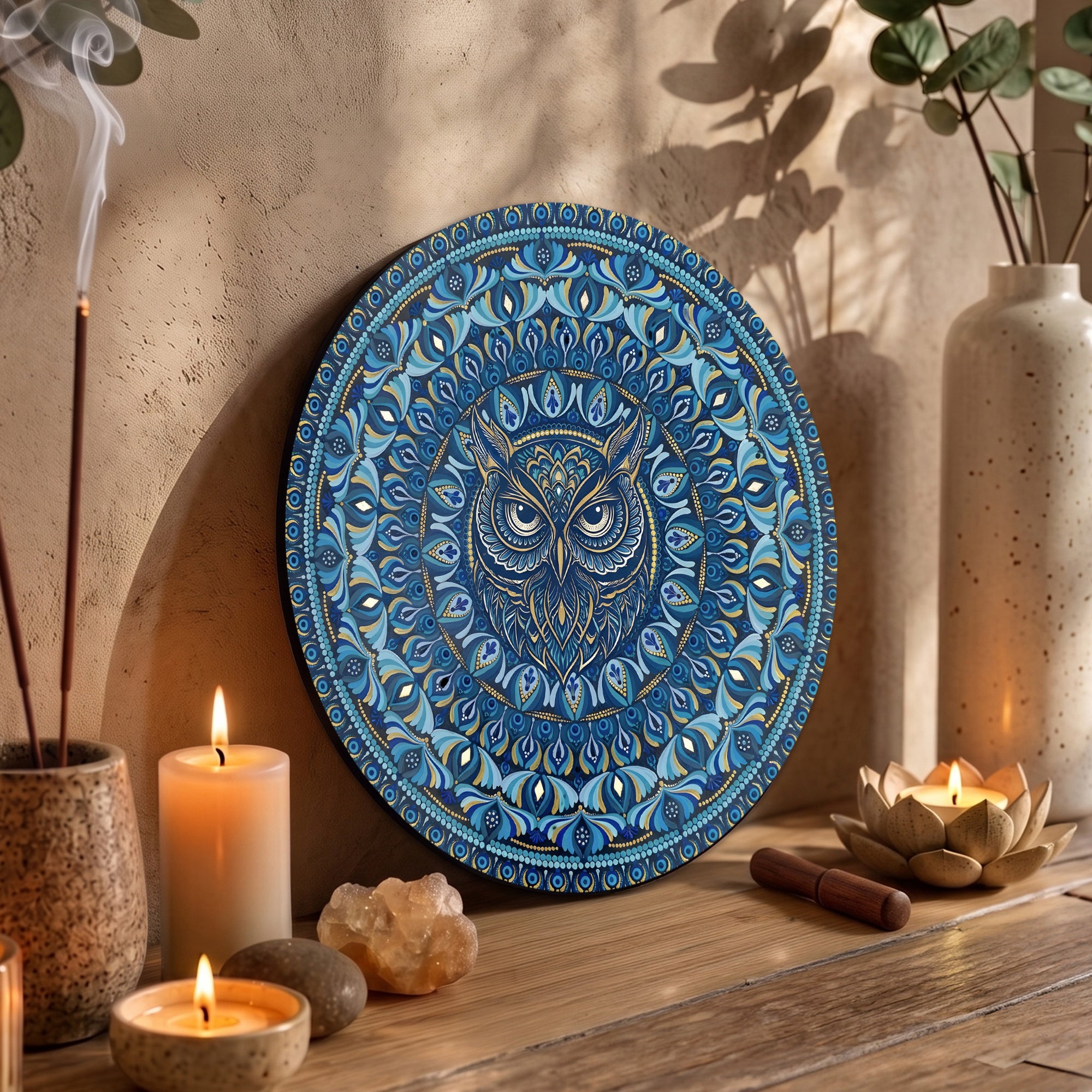 Blue Wisdom Owl Mandala Wall Art