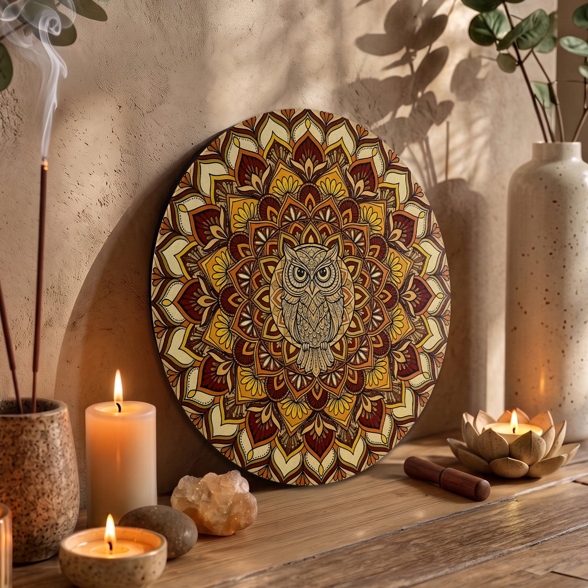 Golden Wisdom Owl Mandala Wall Art