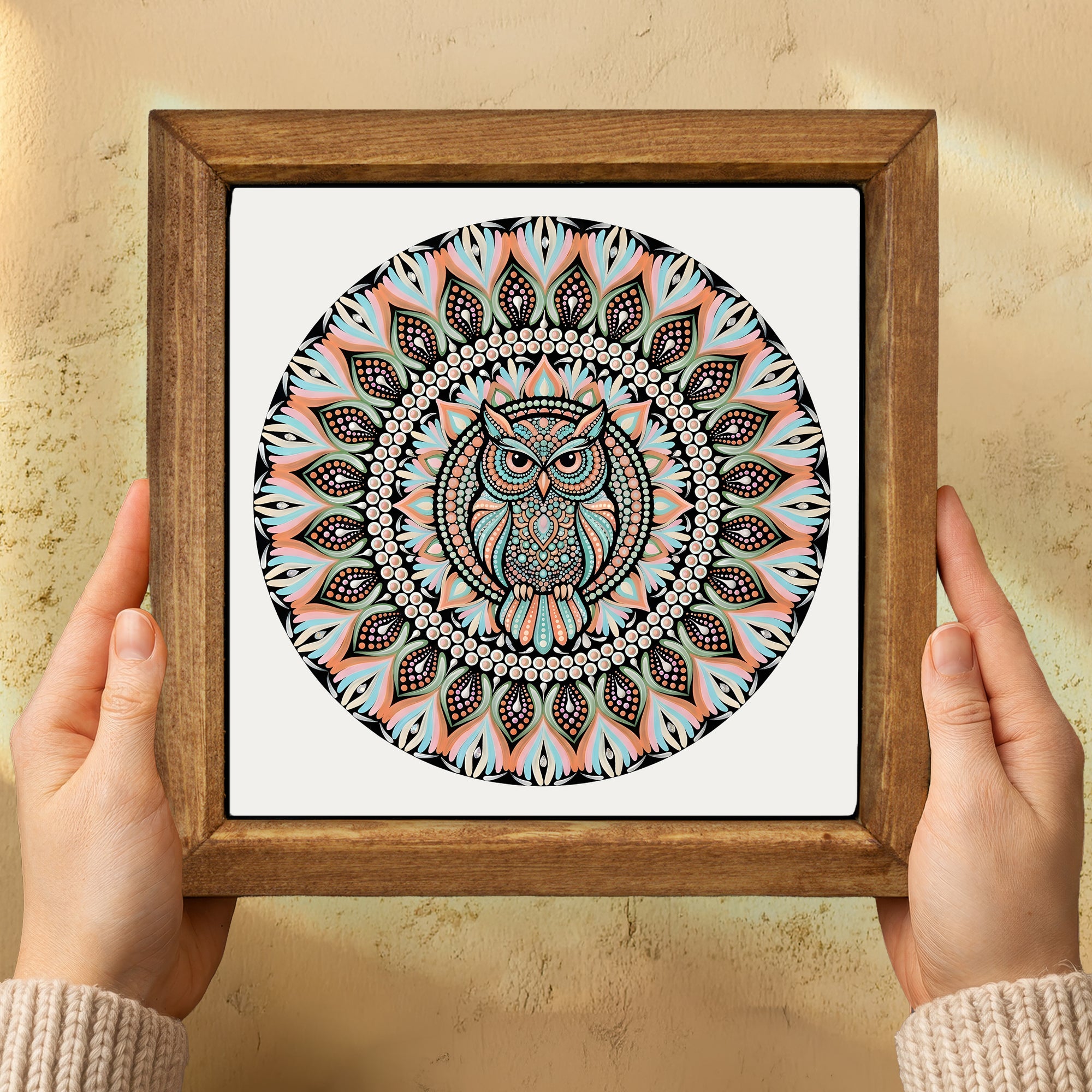 Pink Pastel Owl Mandala Stone Wall Art