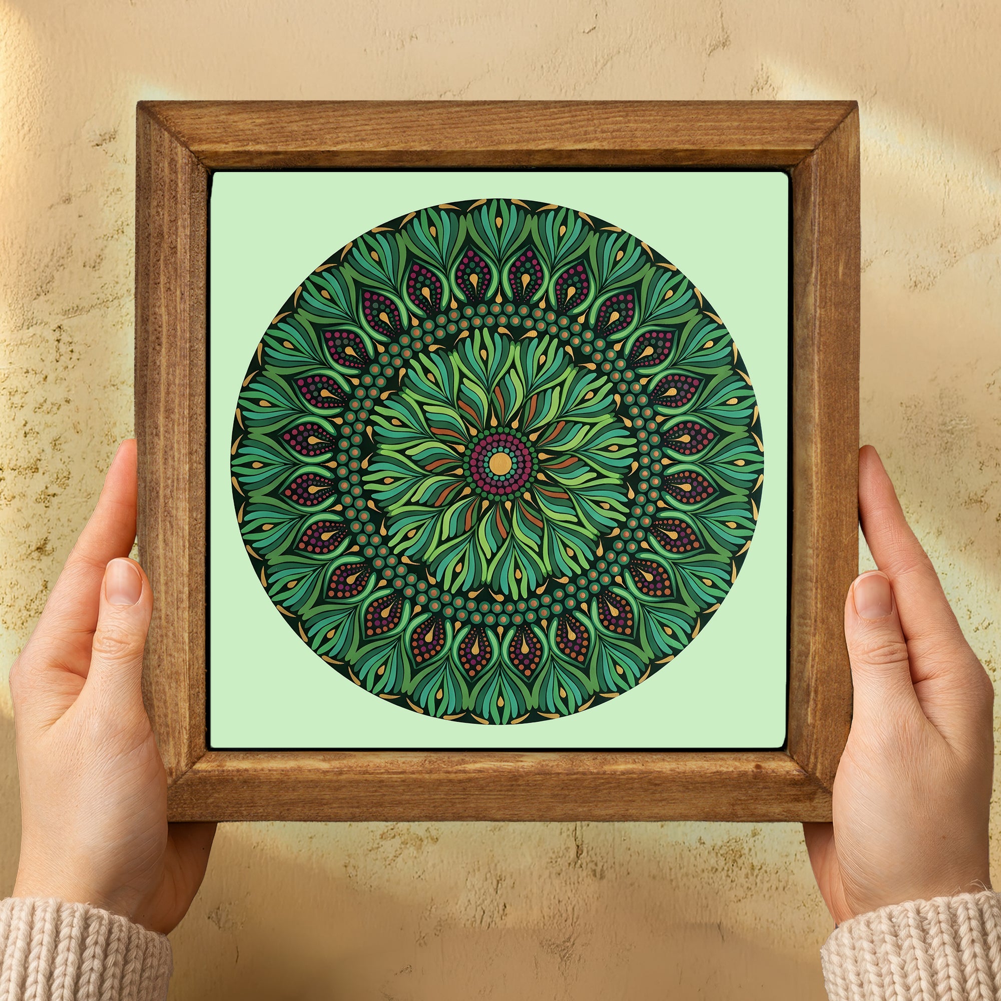 Green Botanical Mandala Stone Wall Art