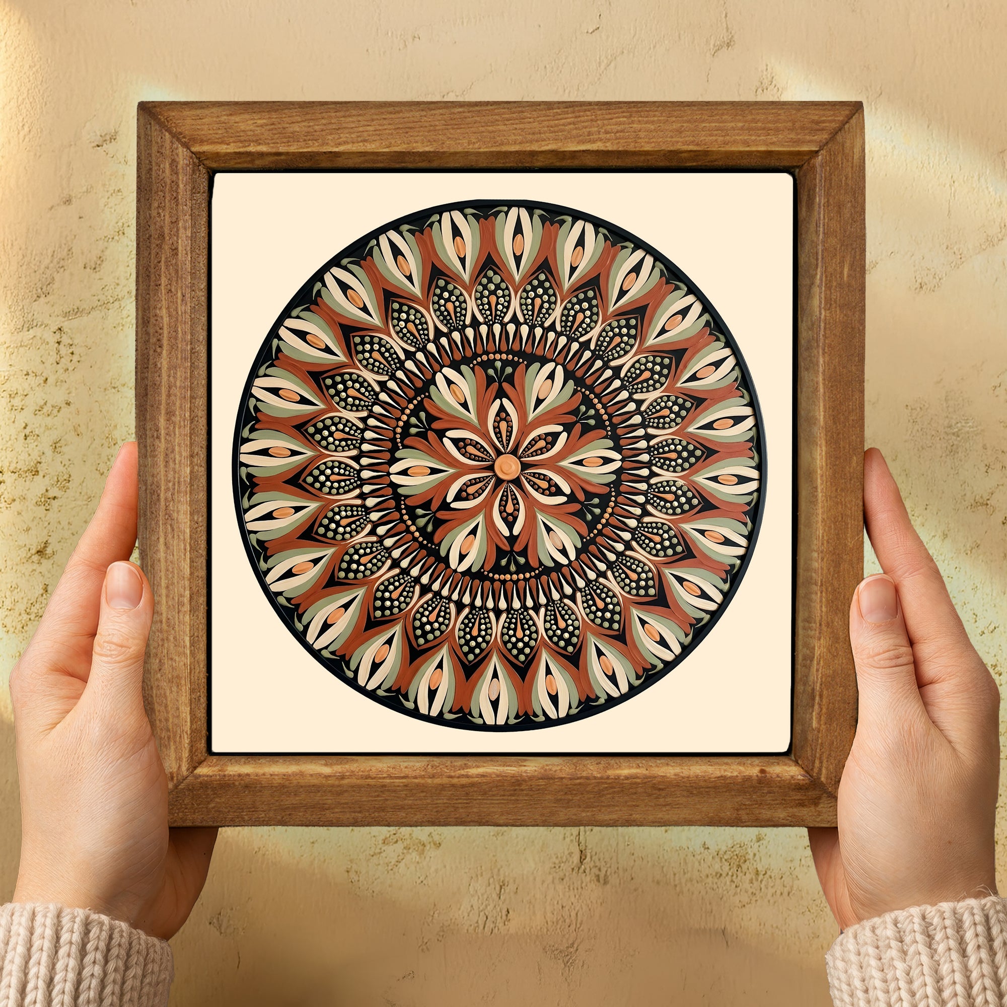 Beige Floral Bloom Mandala Stone Wall Art