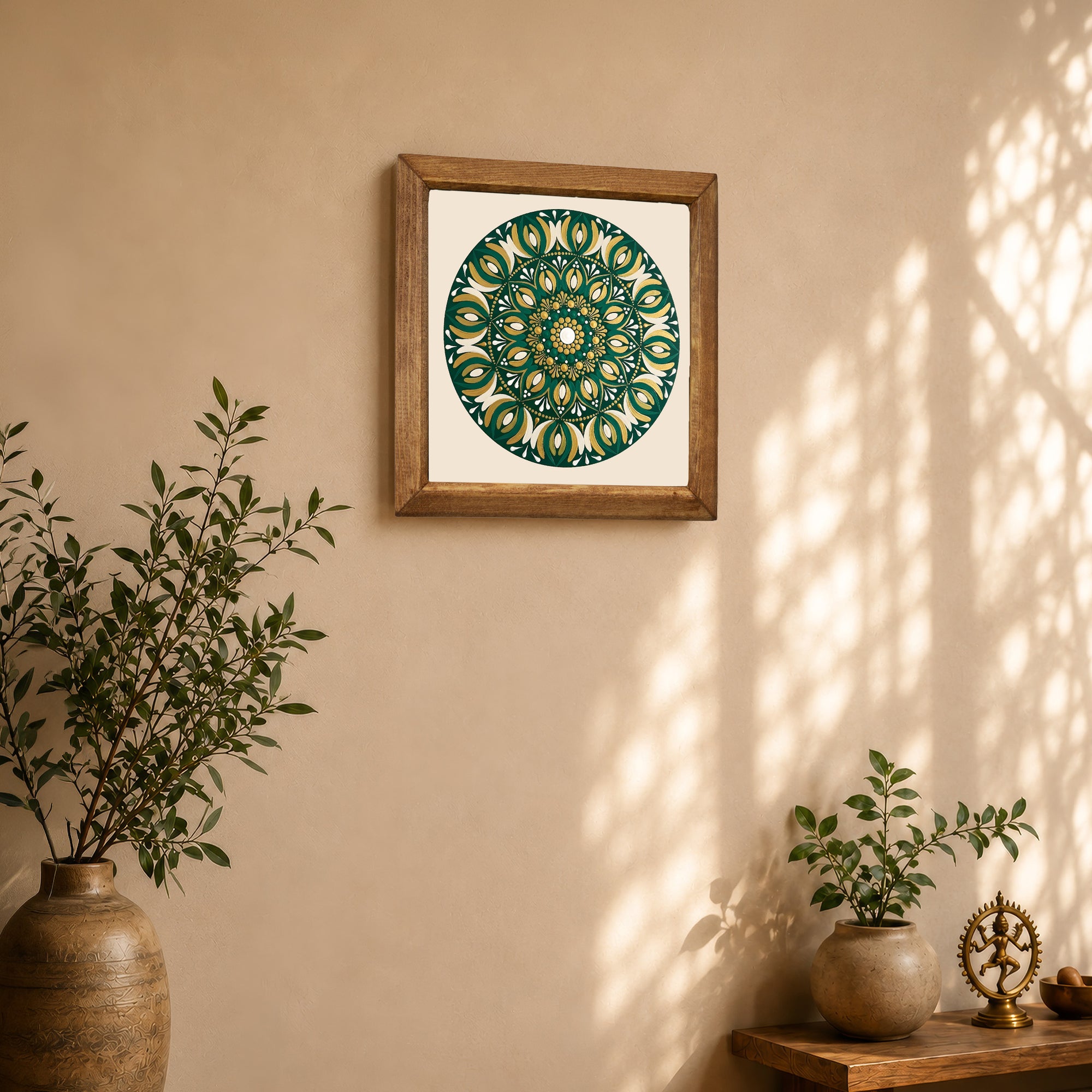 Emerald-White Mandala Stone Wall Art
