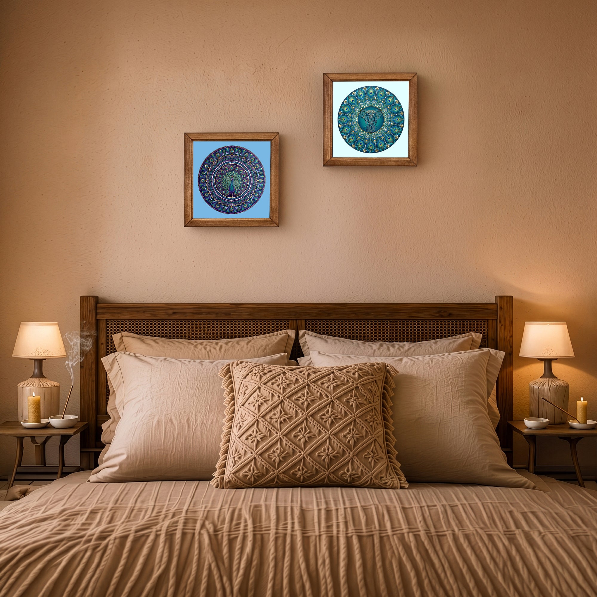 Peacock &amp; Elephant Mandala Duo Stone Wall Art Set