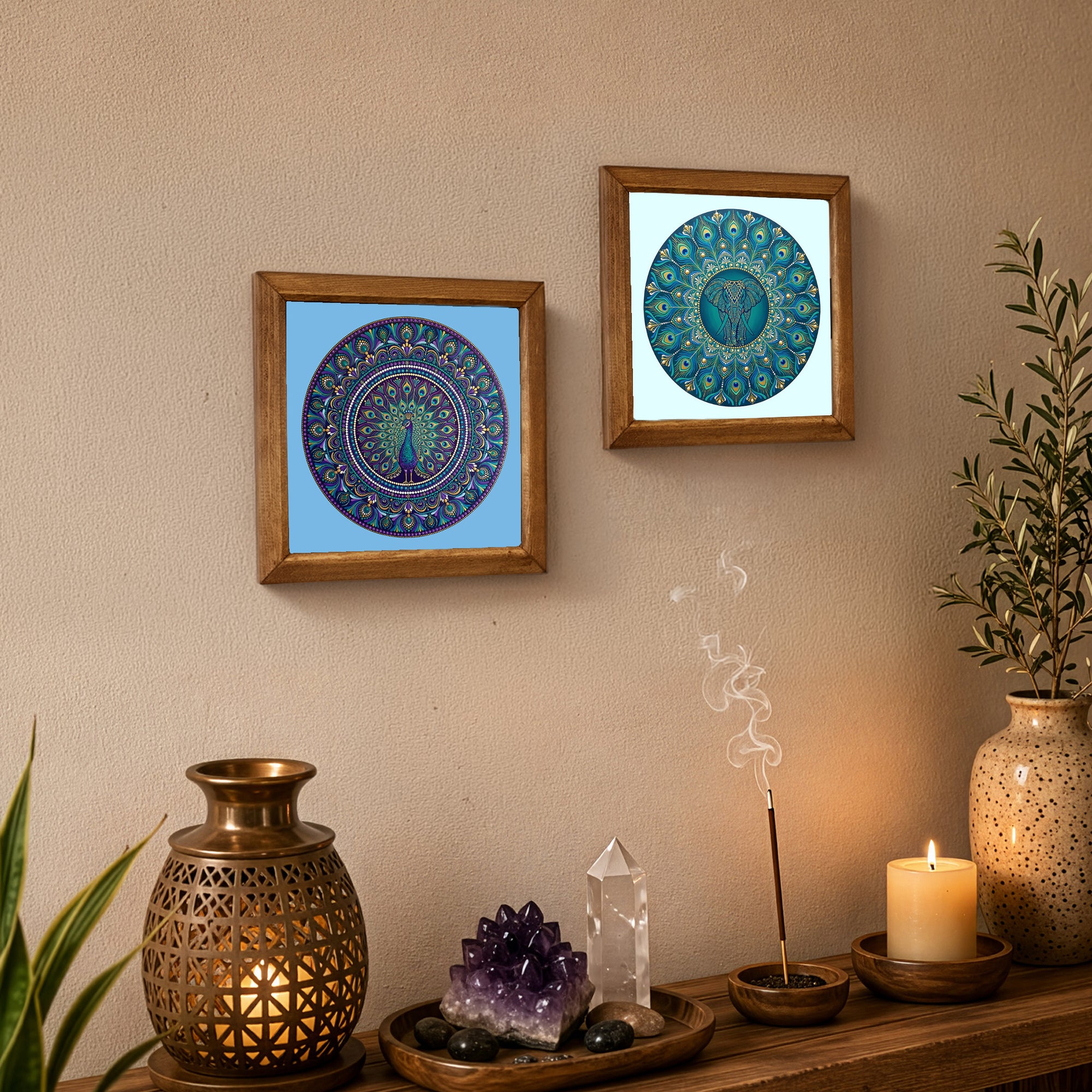 Peacock &amp; Elephant Mandala Duo Stone Wall Art Set