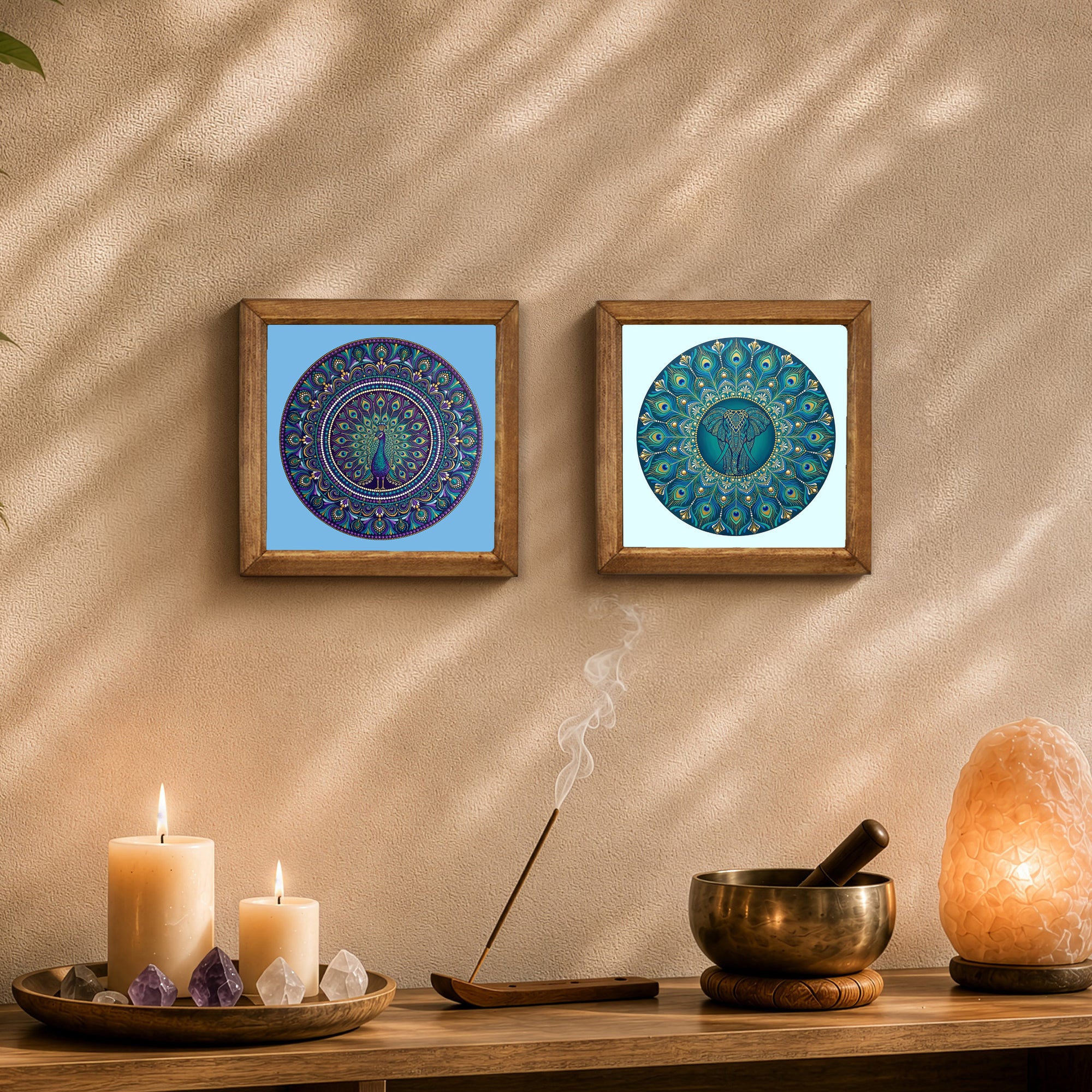 Peacock &amp; Elephant Mandala Duo Stone Wall Art Set