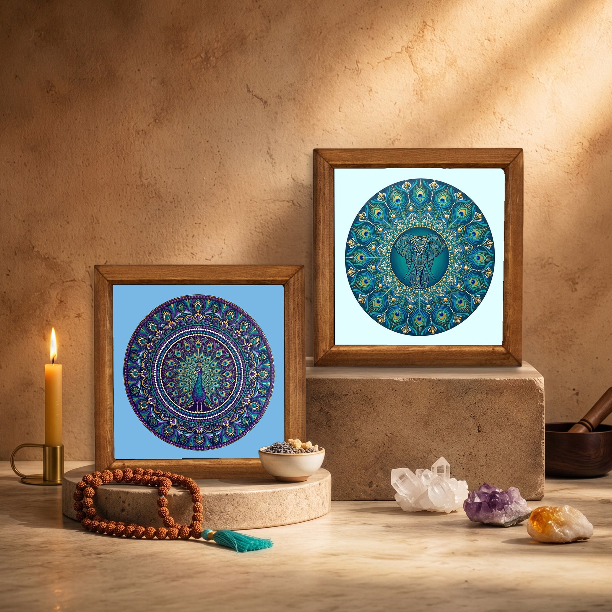 Peacock &amp; Elephant Mandala Duo Stone Wall Art Set