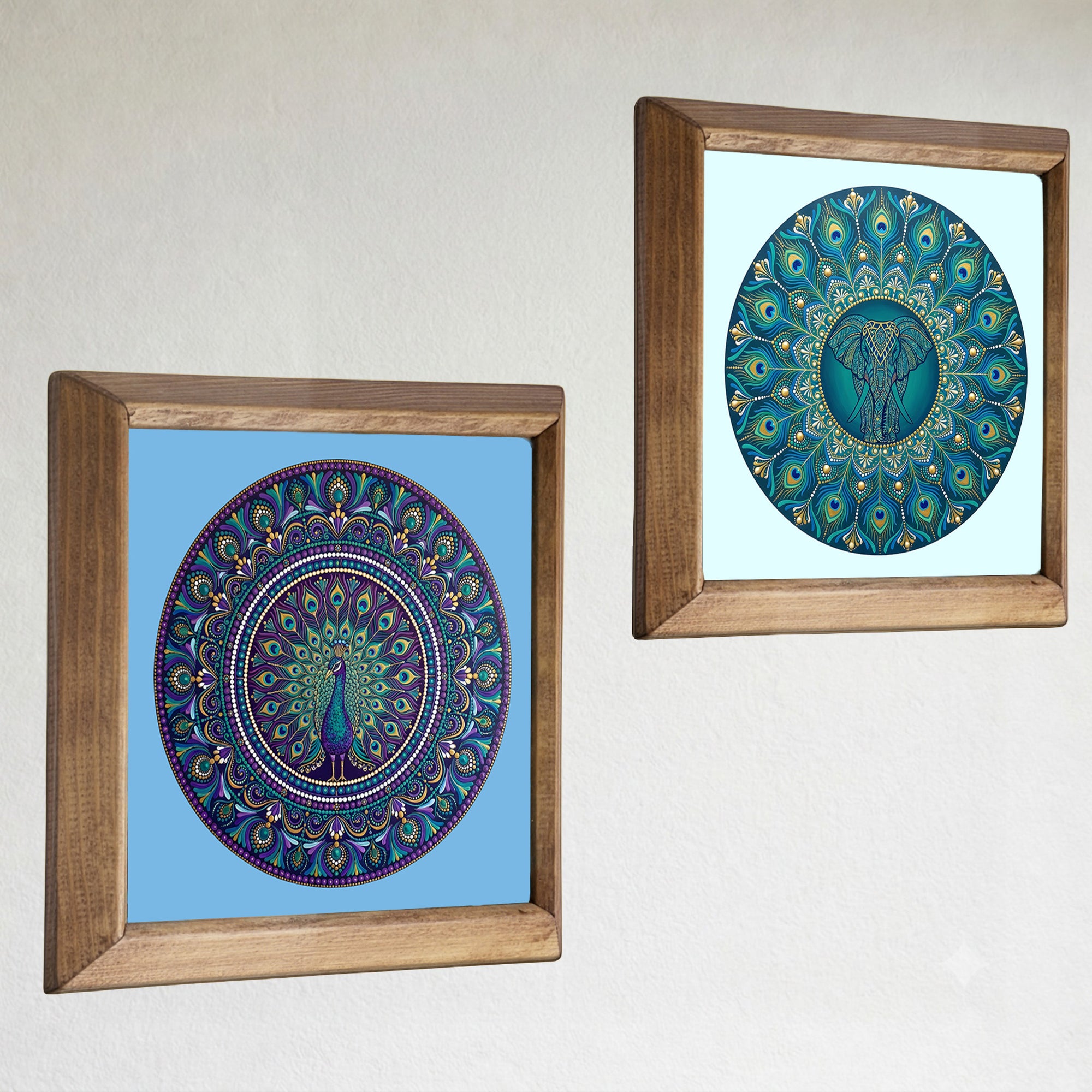 Peacock &amp; Elephant Mandala Duo Stone Wall Art Set