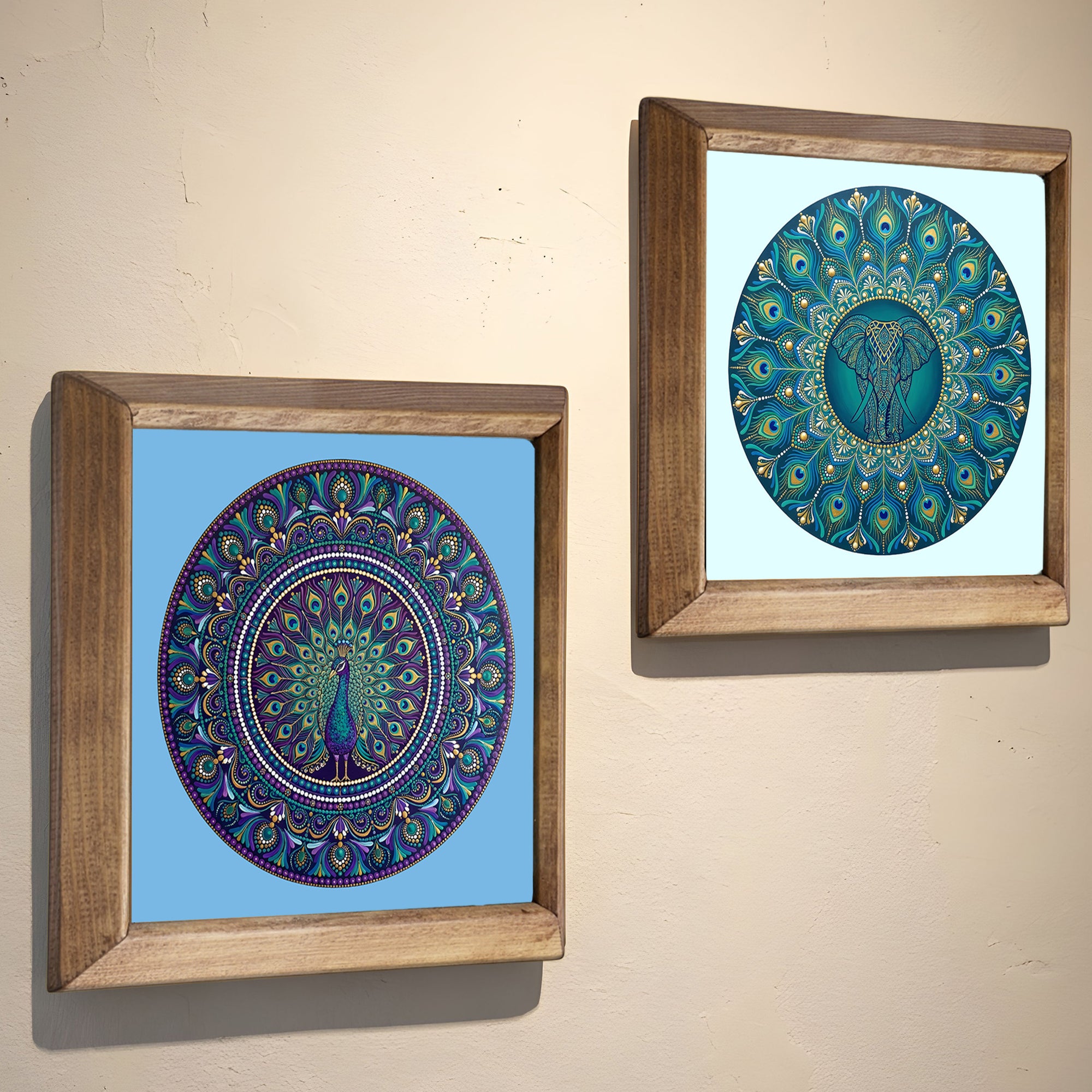 Peacock &amp; Elephant Mandala Duo Stone Wall Art Set