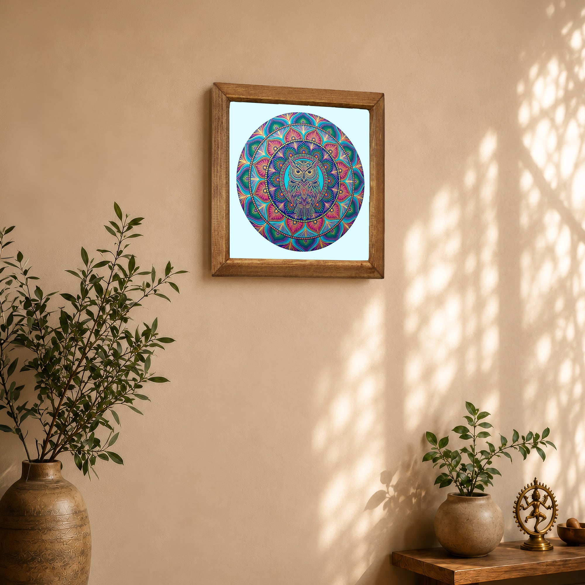 Neon Blue Owl Mandala Stone Wall Art