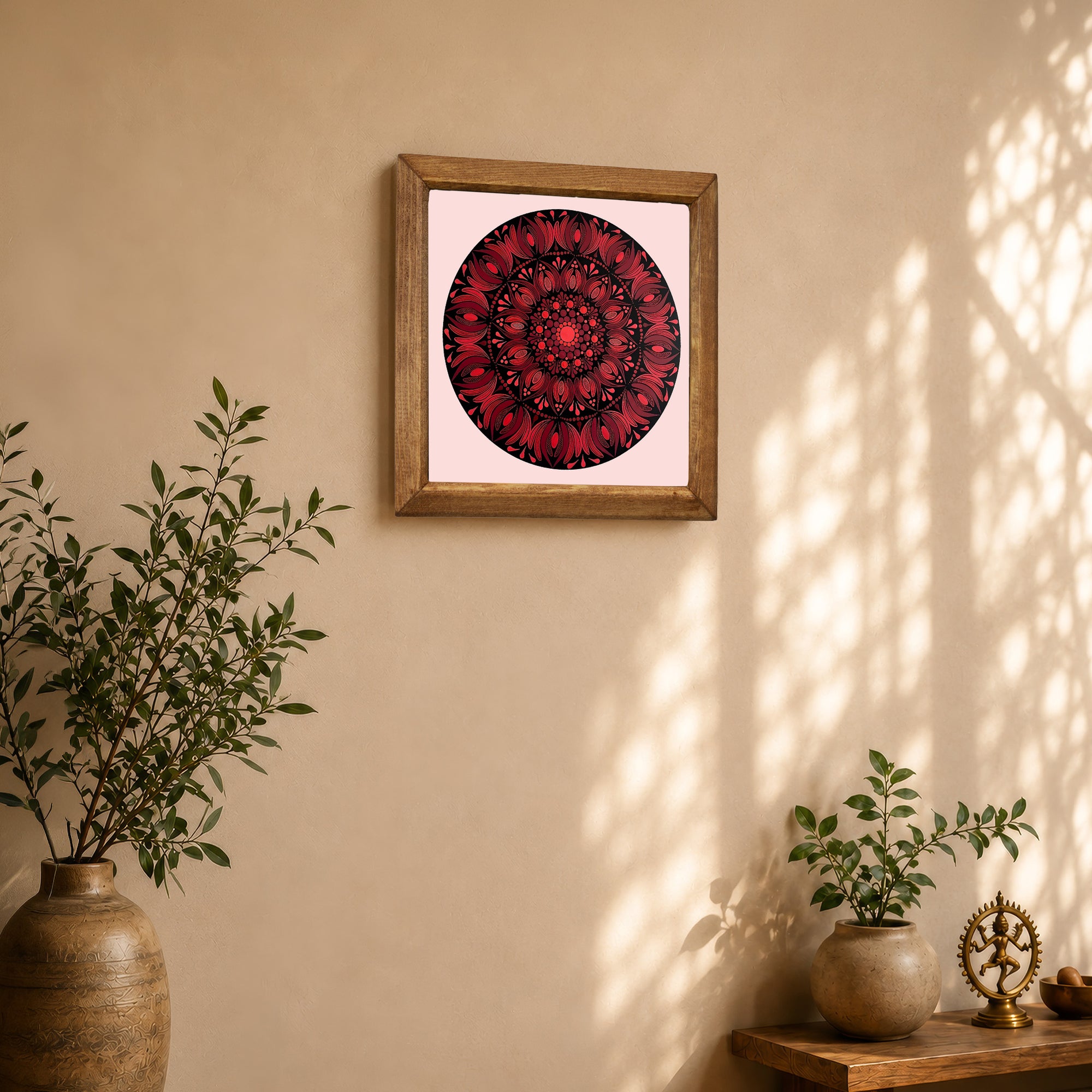 Crimson Bloom Mandala Stone Wall Art