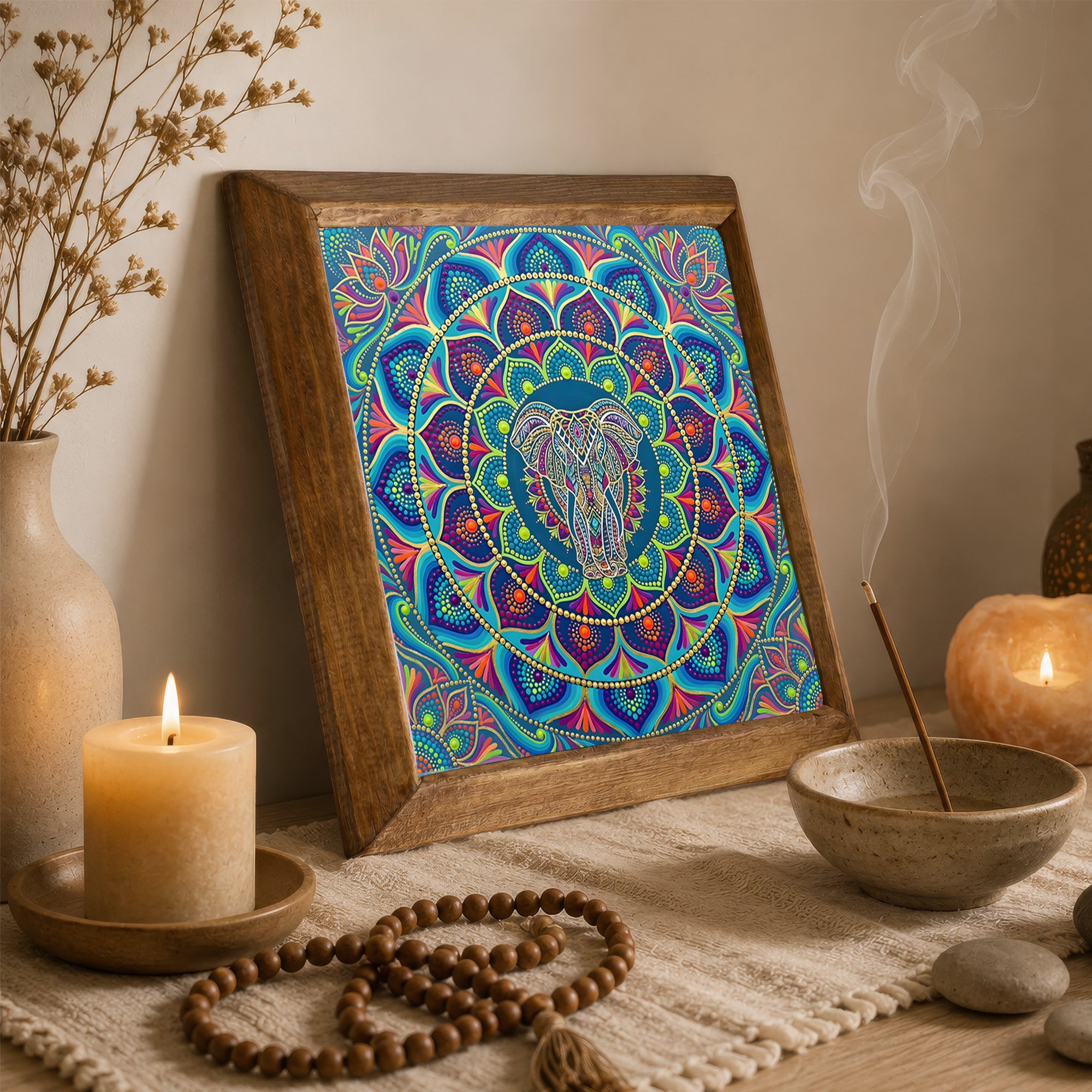 Elephant &amp; Peacock Mandala Duo Stone Wall Art Set