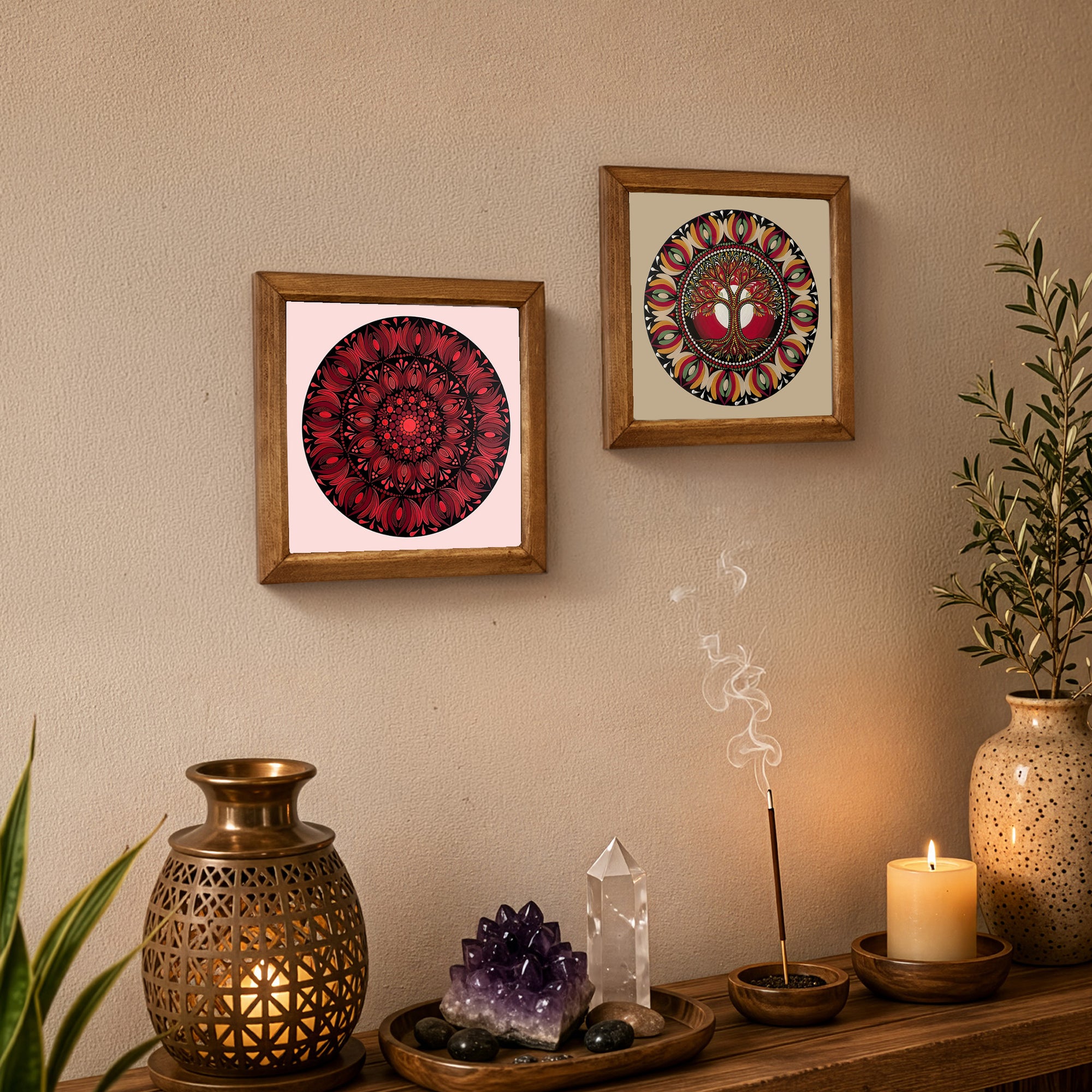 Red Mandala &amp; Tree of Life Duo Stone Wall Art Set