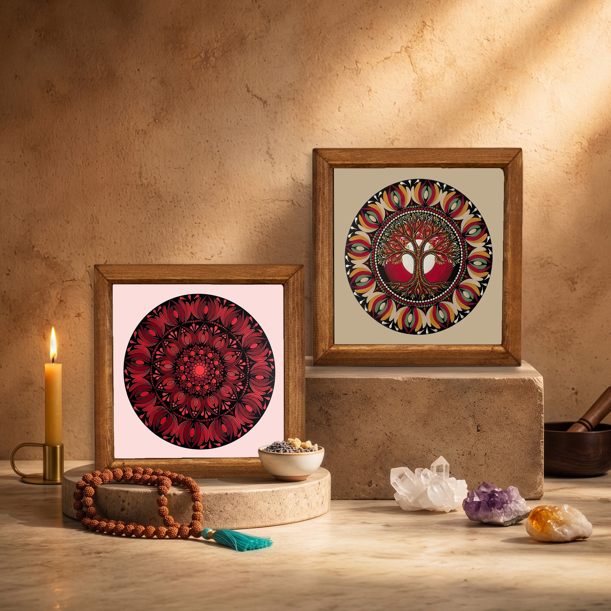 Red Mandala &amp; Tree of Life Duo Stone Wall Art Set