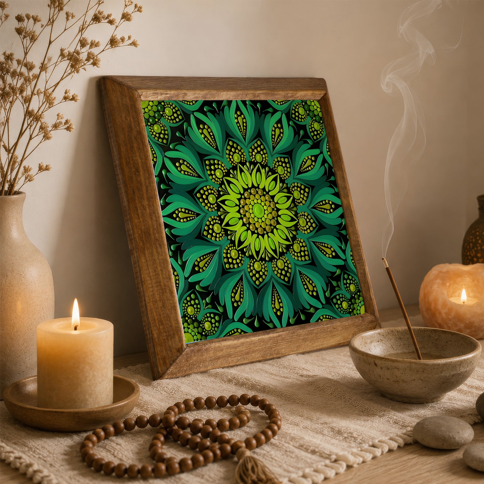 Sri Yantra &amp; Emerald Mandala Duo Natural Stone Wall Art Set
