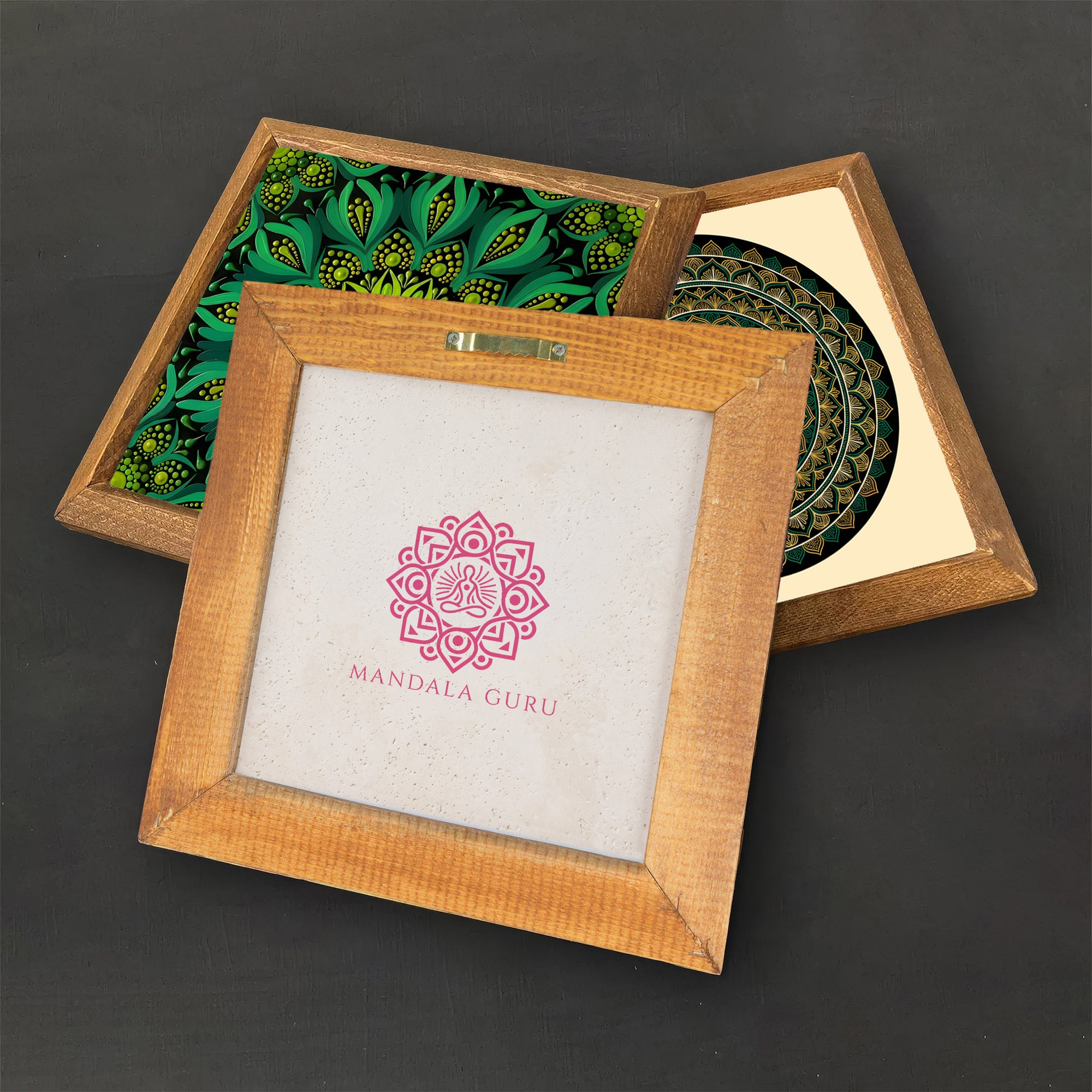 Sri Yantra &amp; Emerald Mandala Duo Natural Stone Wall Art Set