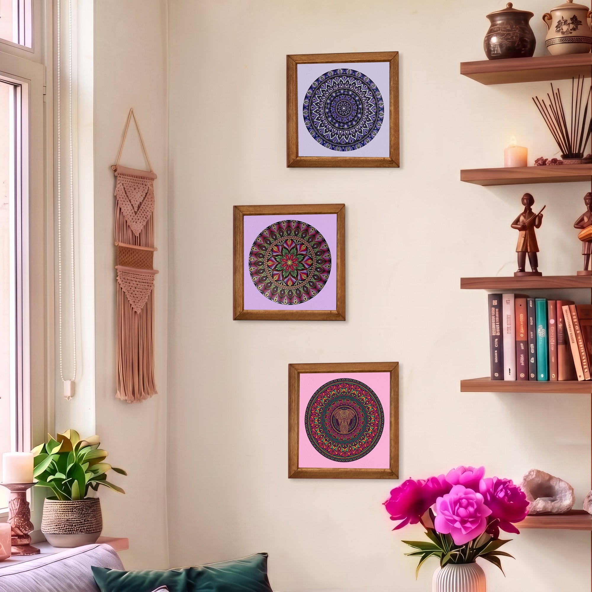Purple Mandala &amp; Elephant Trio Stone Wall Art Set