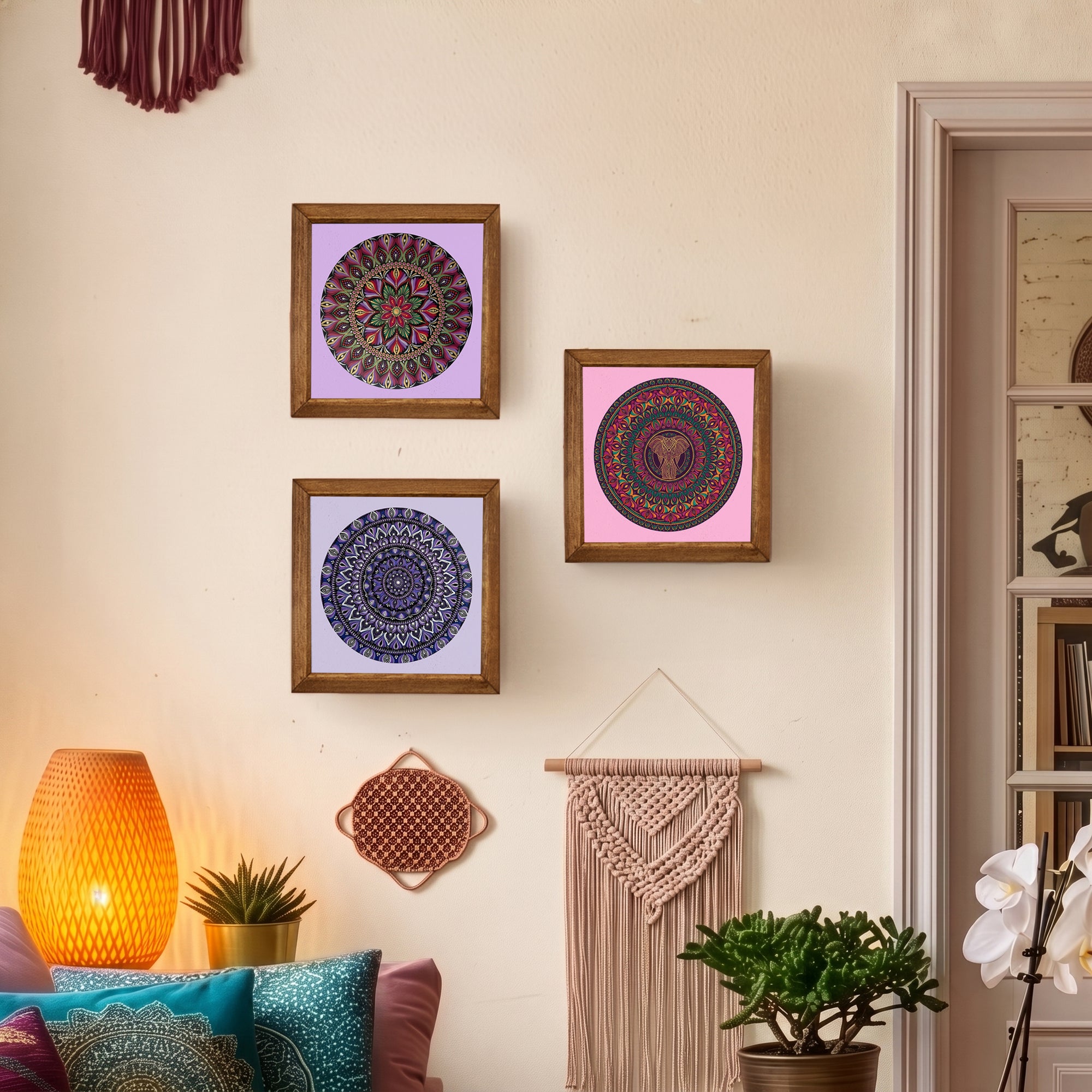 Purple Mandala &amp; Elephant Trio Stone Wall Art Set