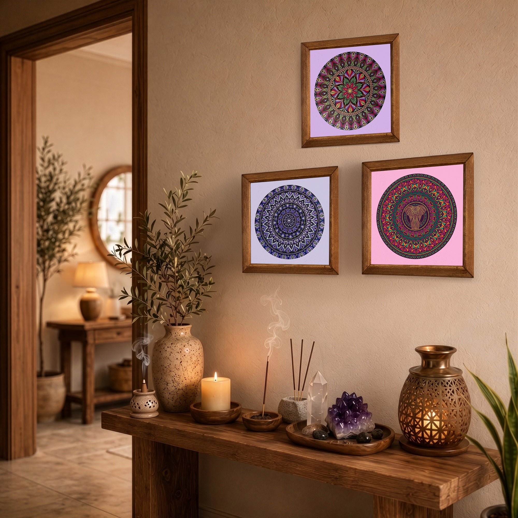 Purple Mandala &amp; Elephant Trio Stone Wall Art Set