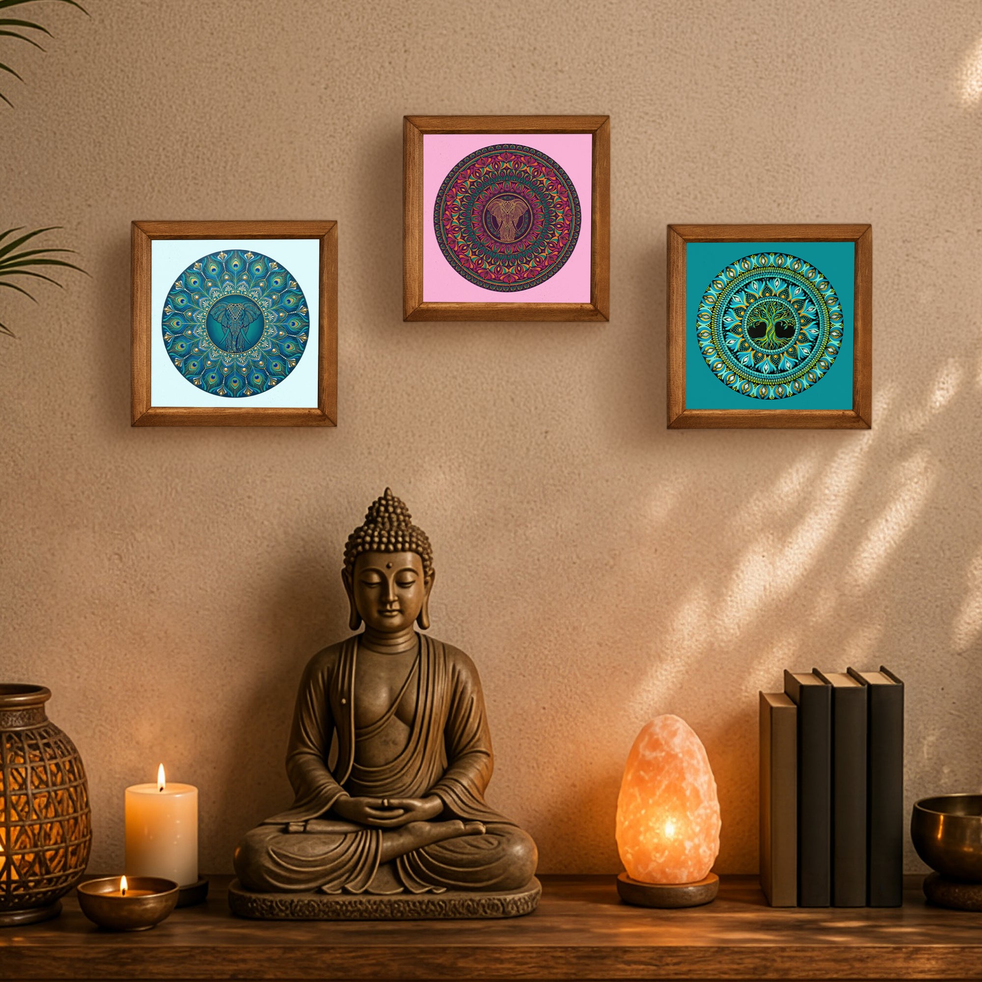 Elephant, Tree of Life &amp; Peacock Mandala Trio Stone Wall Art Set