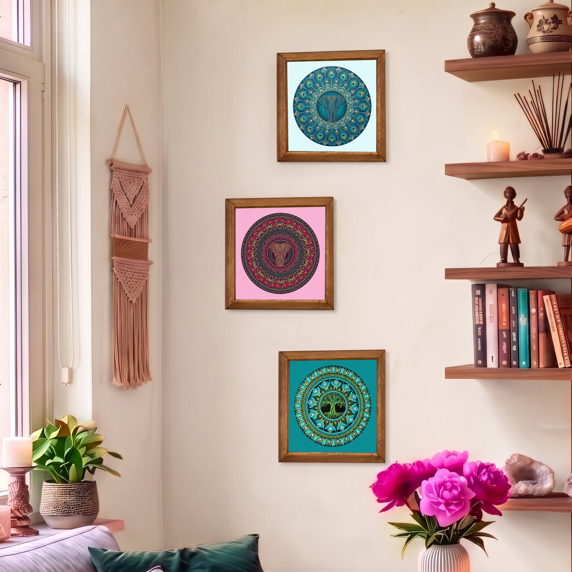Elephant, Tree of Life &amp; Peacock Mandala Trio Stone Wall Art Set