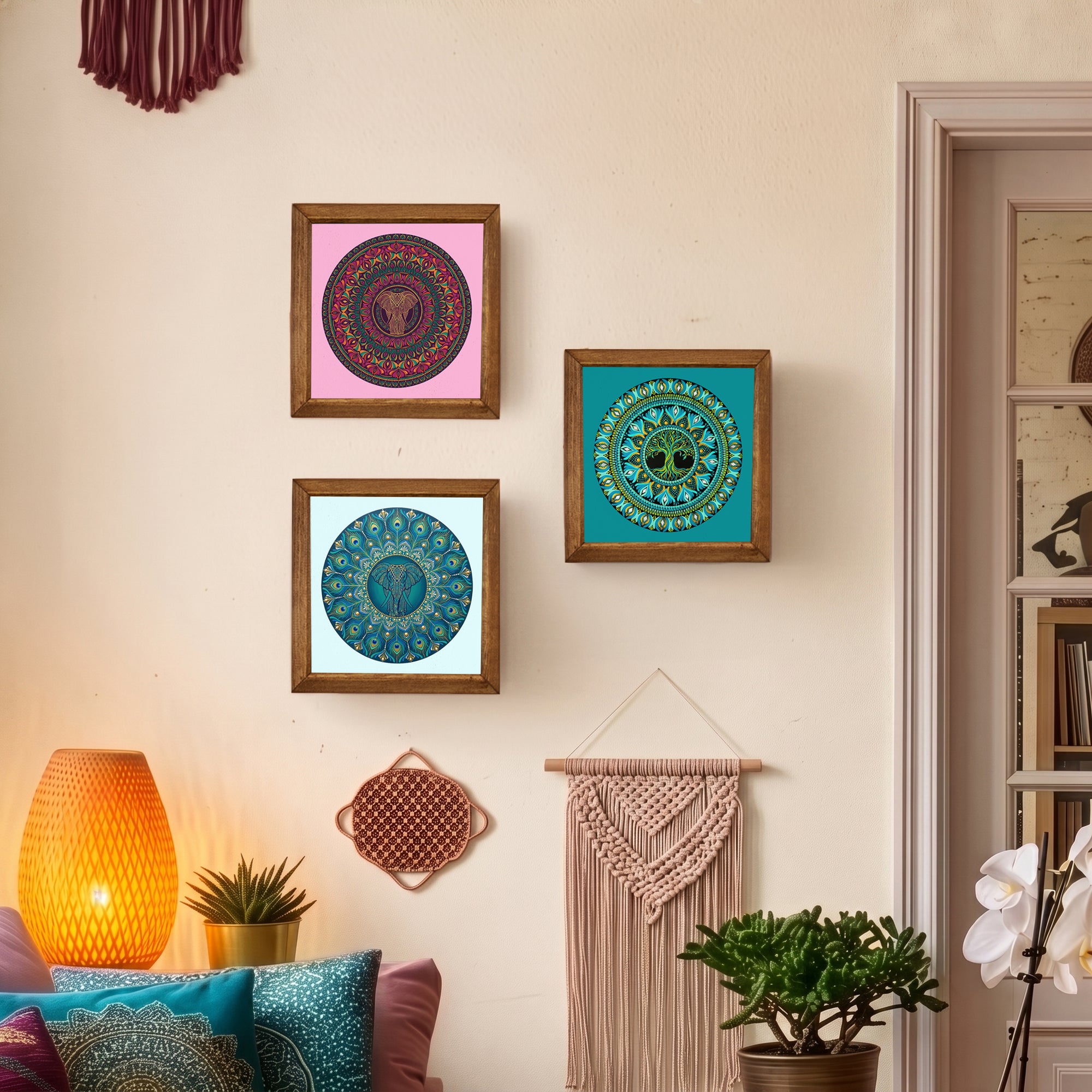Elephant, Tree of Life &amp; Peacock Mandala Trio Stone Wall Art Set