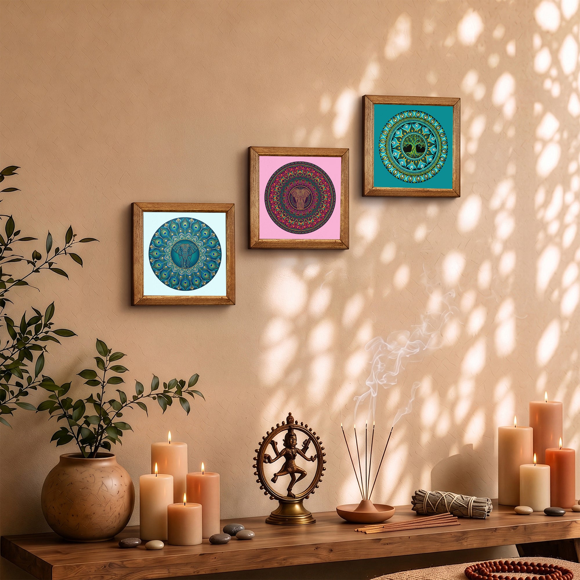 Elephant, Tree of Life &amp; Peacock Mandala Trio Stone Wall Art Set