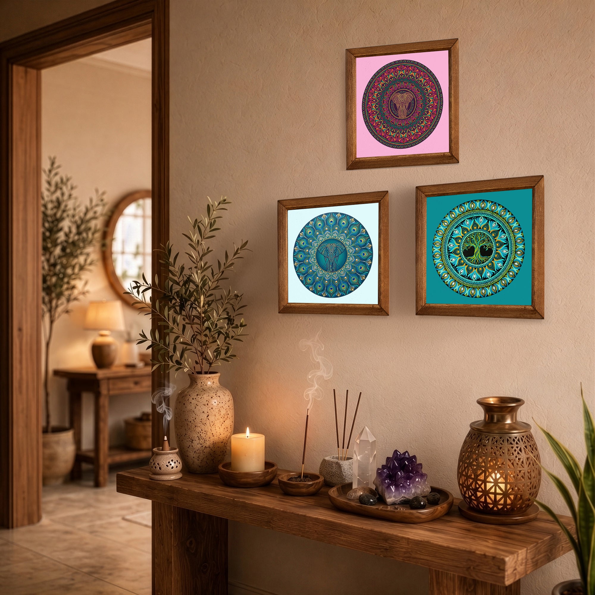 Elephant, Tree of Life &amp; Peacock Mandala Trio Stone Wall Art Set