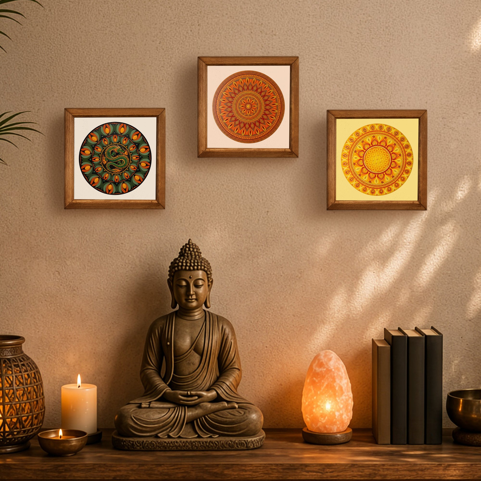 Dragon &amp; Solar Mandala Trio Natural Stone Wall Art Set