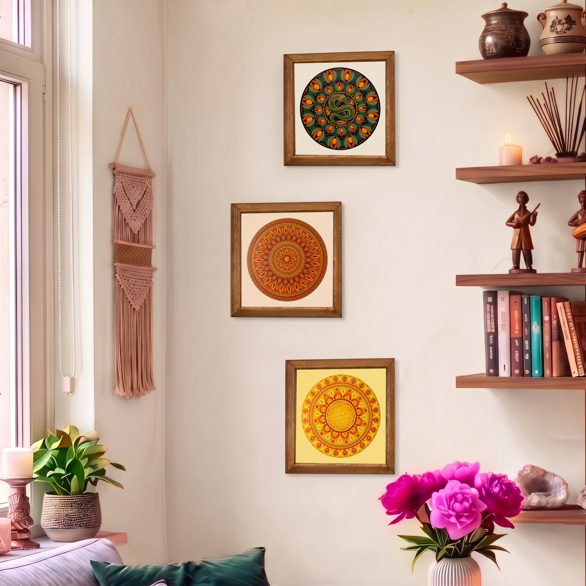 Dragon &amp; Solar Mandala Trio Natural Stone Wall Art Set