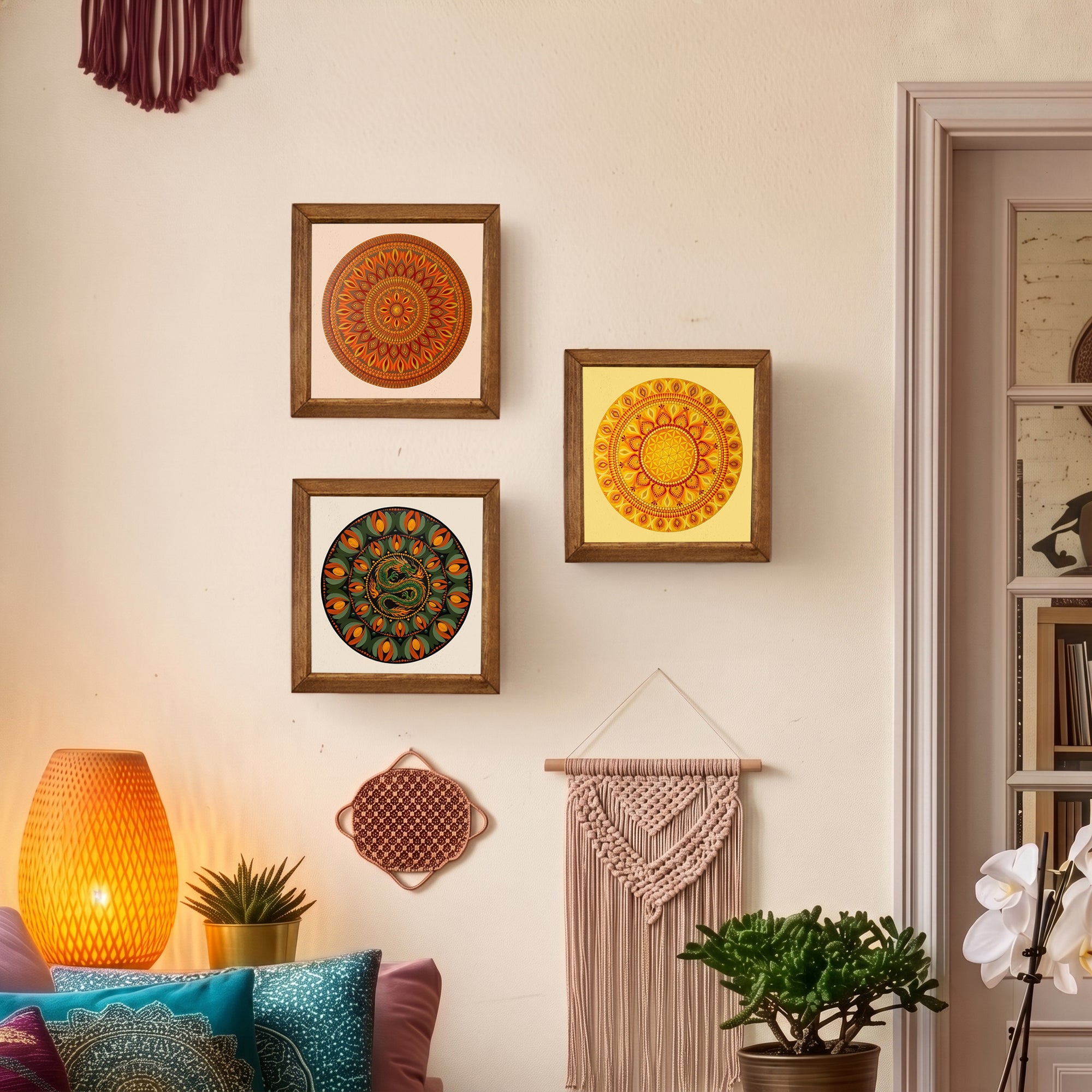 Dragon &amp; Solar Mandala Trio Natural Stone Wall Art Set