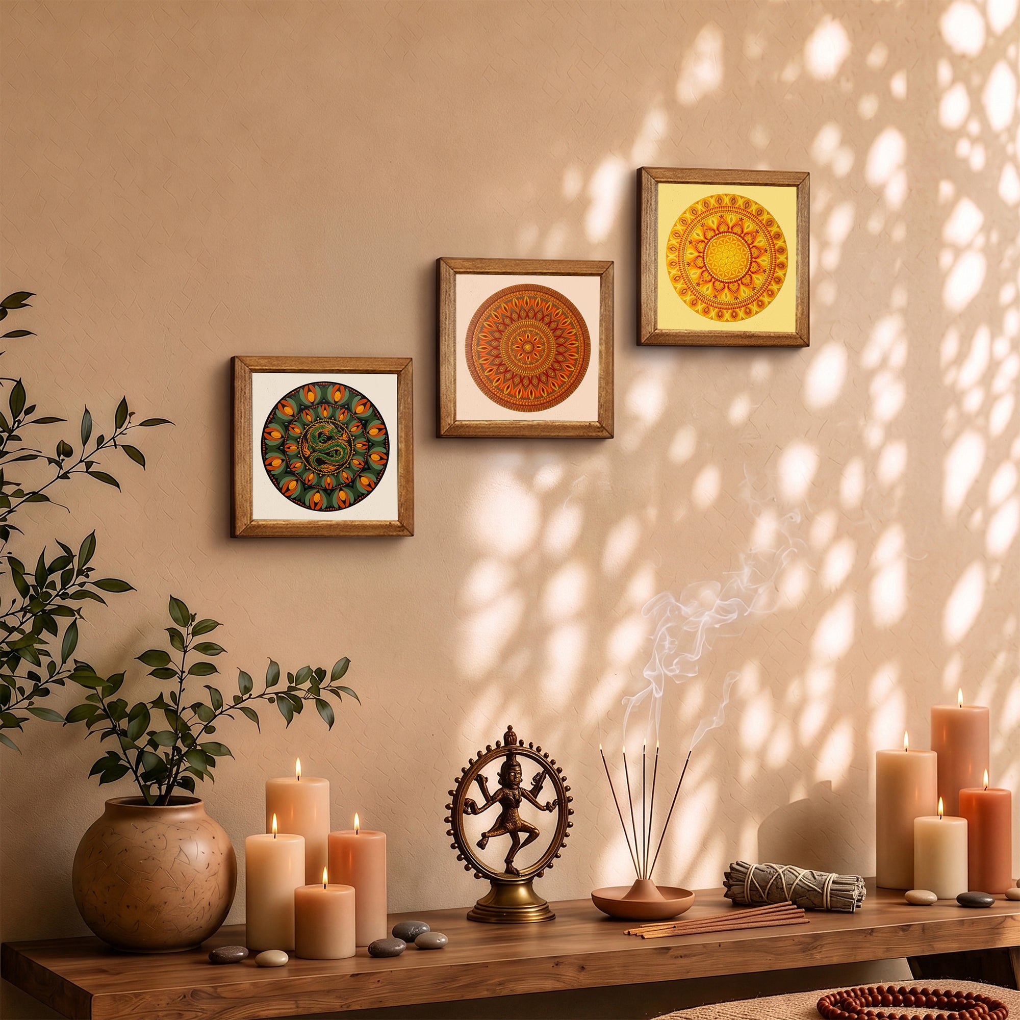 Dragon &amp; Solar Mandala Trio Natural Stone Wall Art Set