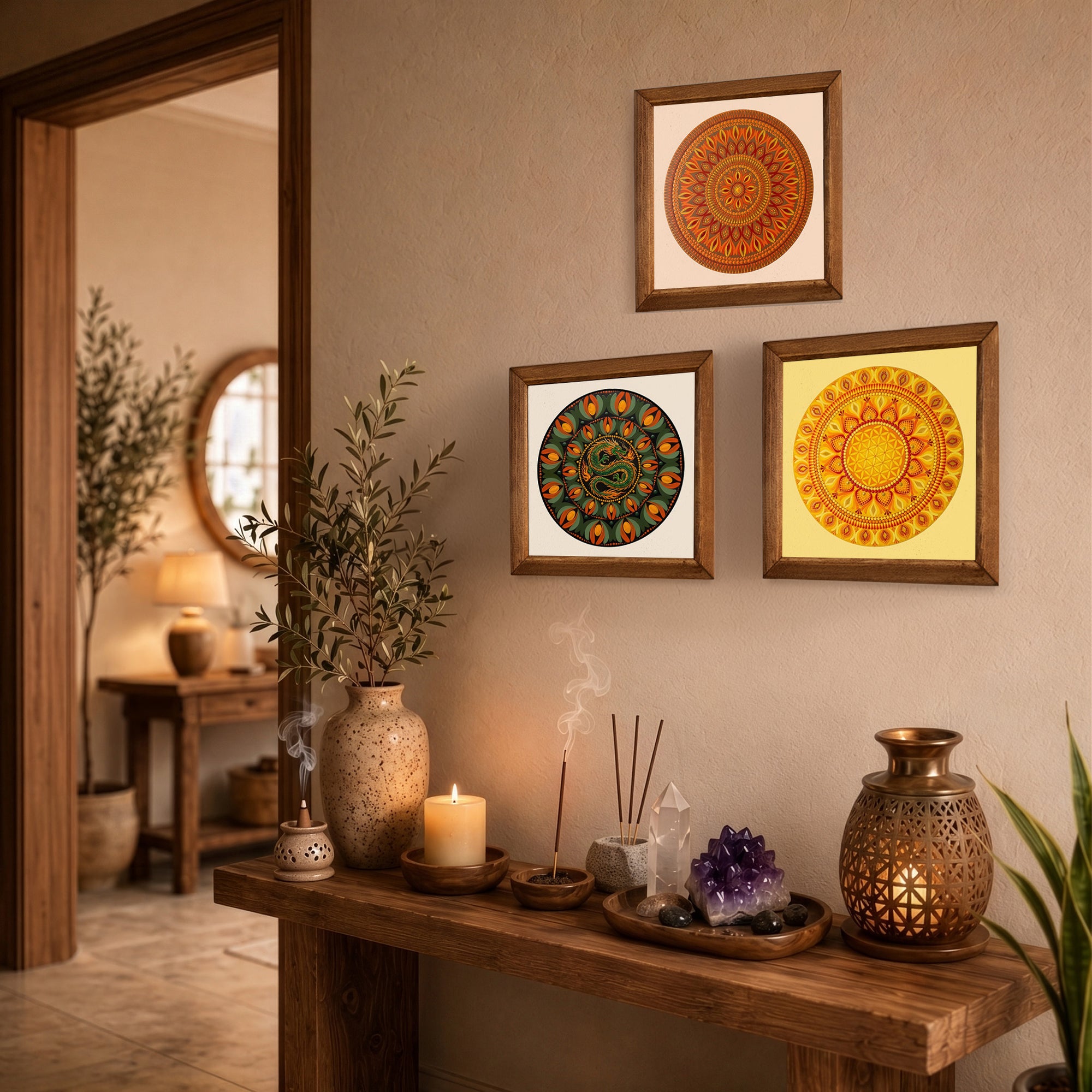 Dragon &amp; Solar Mandala Trio Natural Stone Wall Art Set