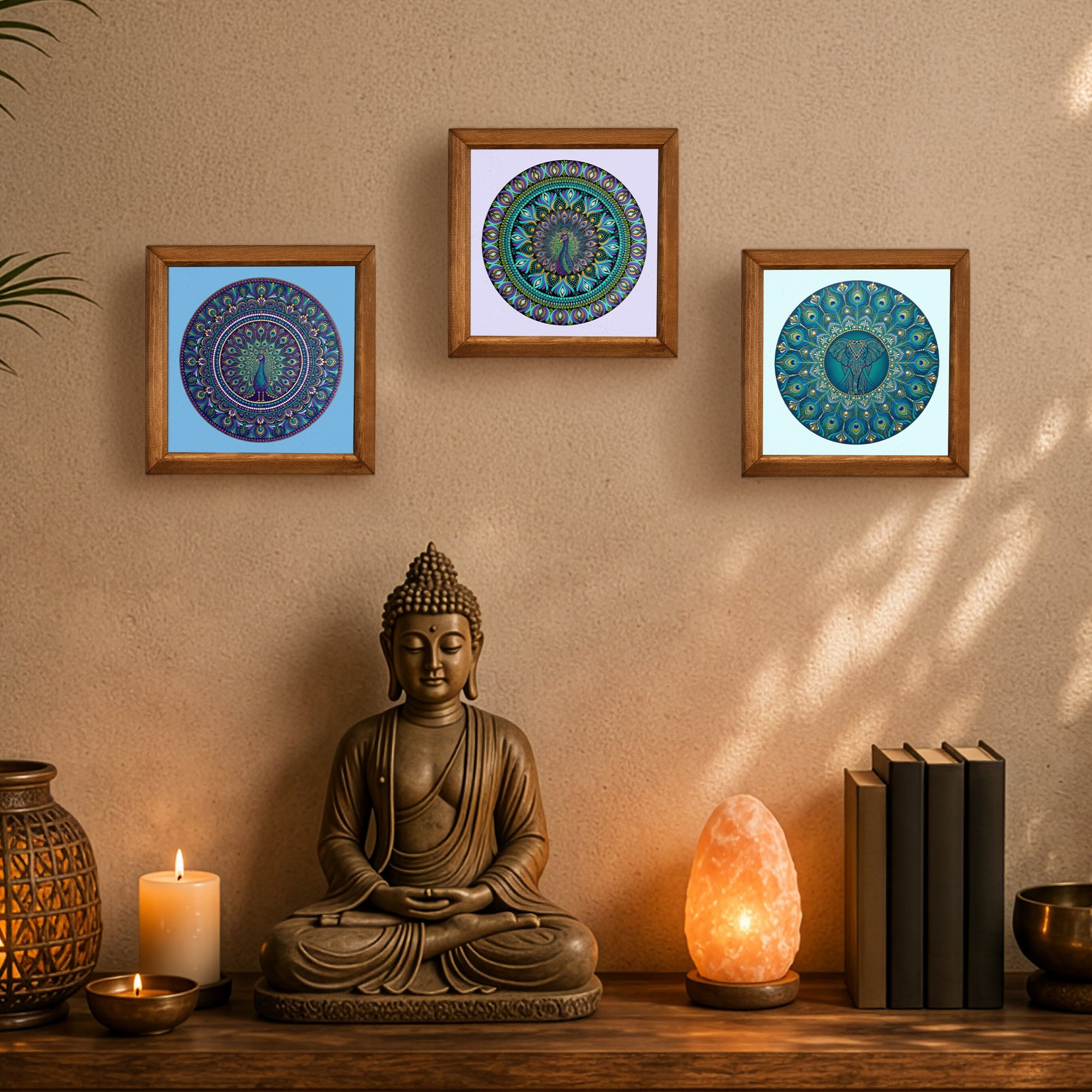 Peacock &amp; Elephant Mandala Trio Stone Wall Art Set