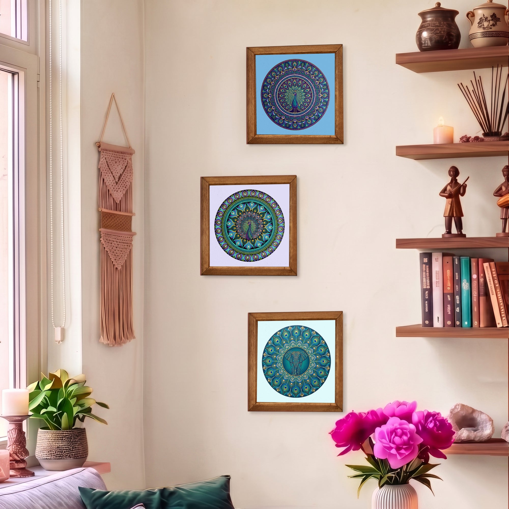 Peacock &amp; Elephant Mandala Trio Stone Wall Art Set