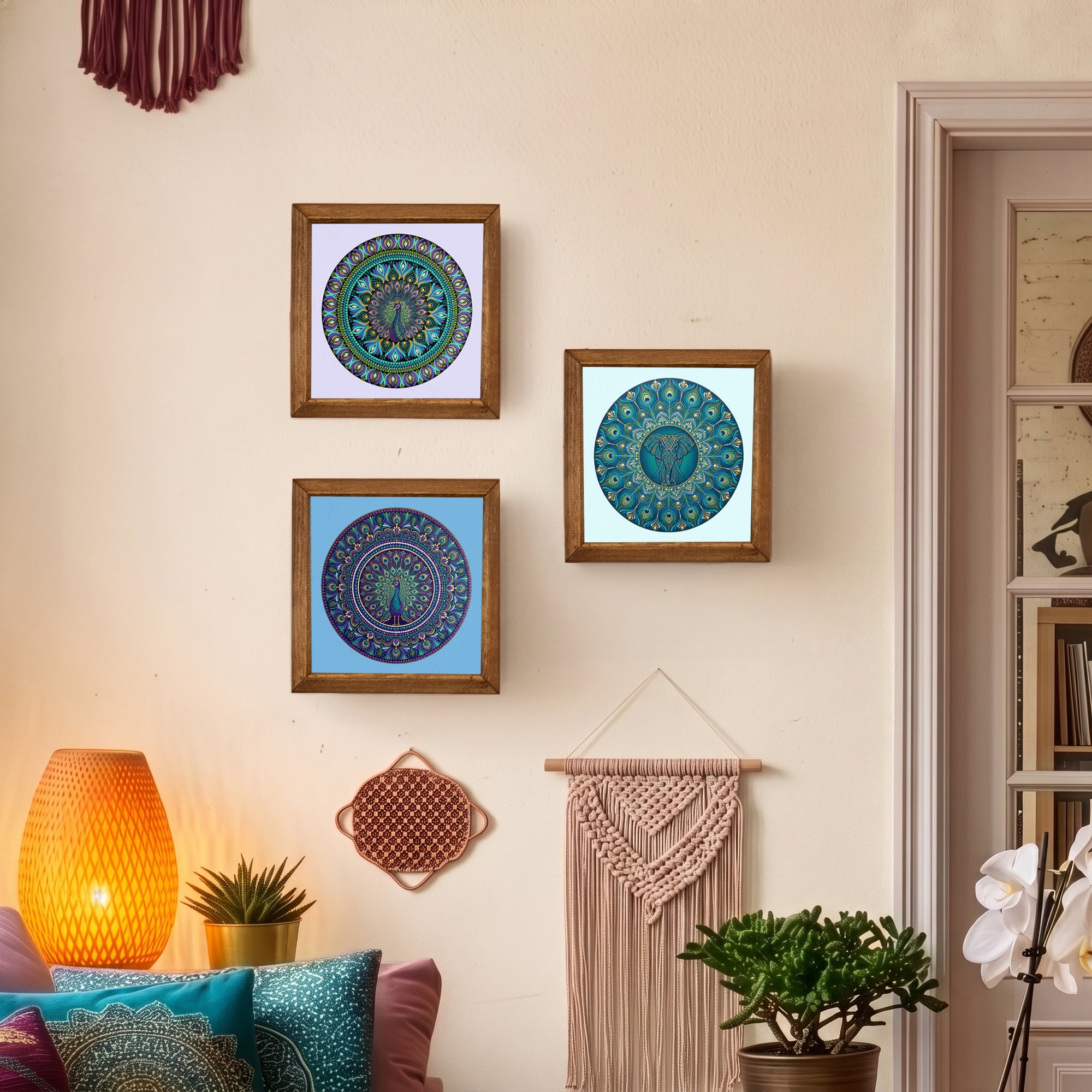 Peacock &amp; Elephant Mandala Trio Stone Wall Art Set