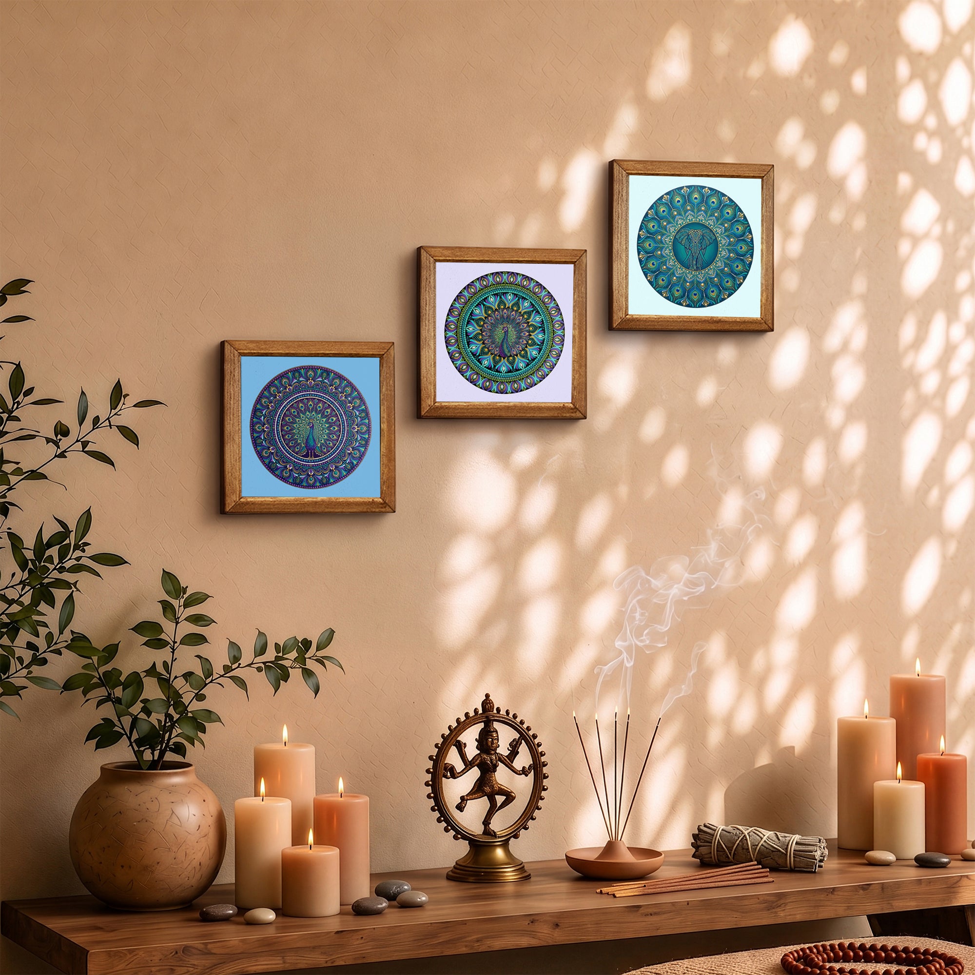Peacock &amp; Elephant Mandala Trio Stone Wall Art Set