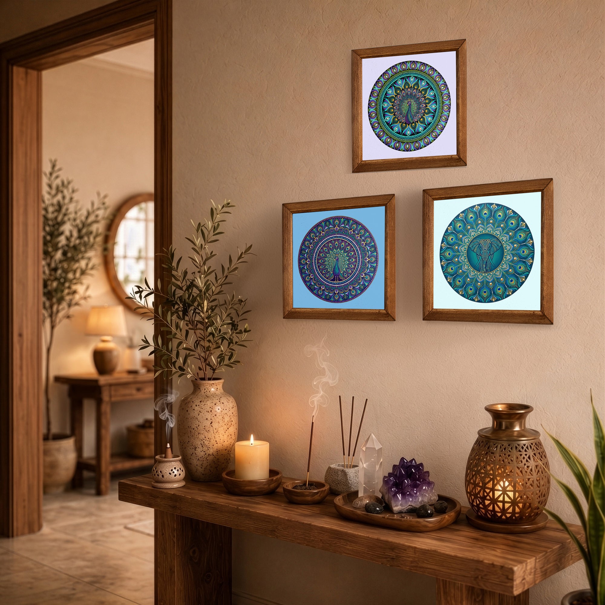 Peacock &amp; Elephant Mandala Trio Stone Wall Art Set