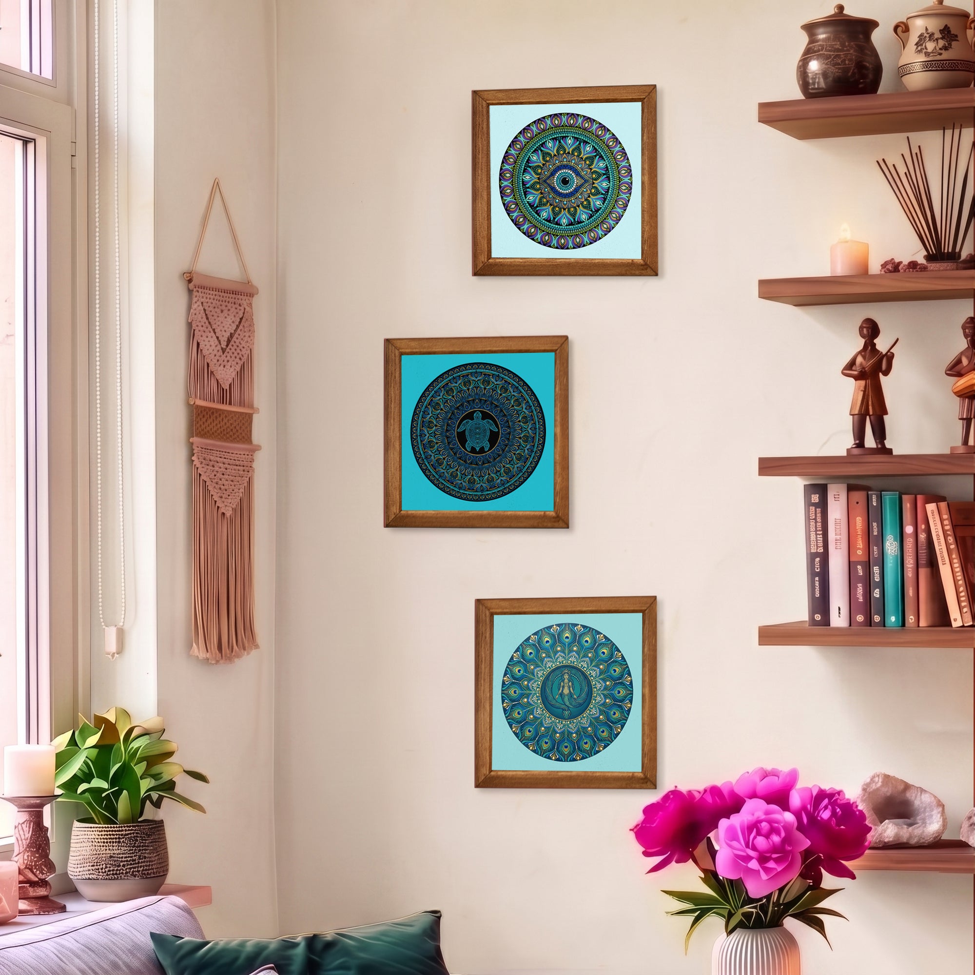 Turtle, Evil Eye &amp; Elephant Mandala Trio Stone Wall Art Set