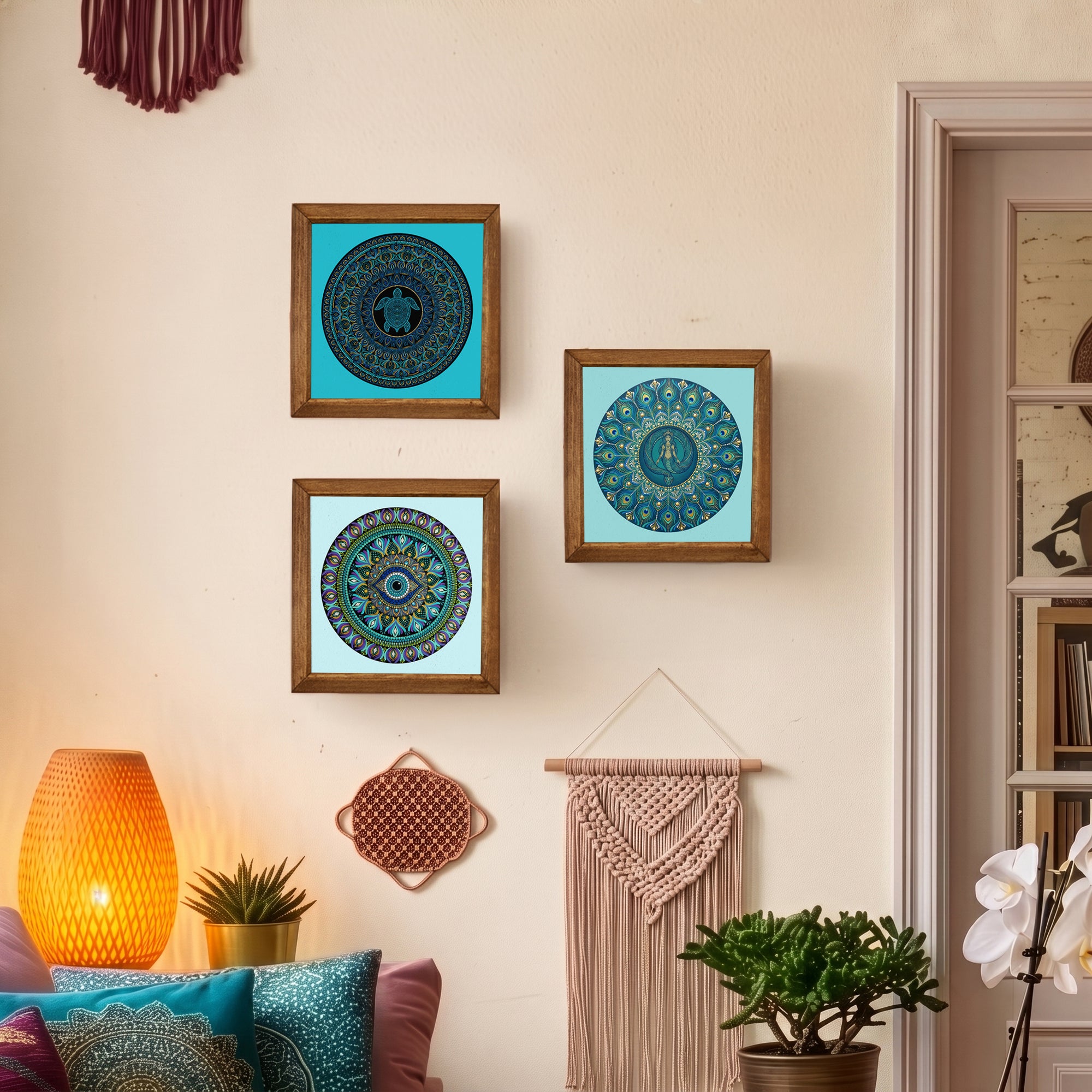 Turtle, Evil Eye &amp; Elephant Mandala Trio Stone Wall Art Set