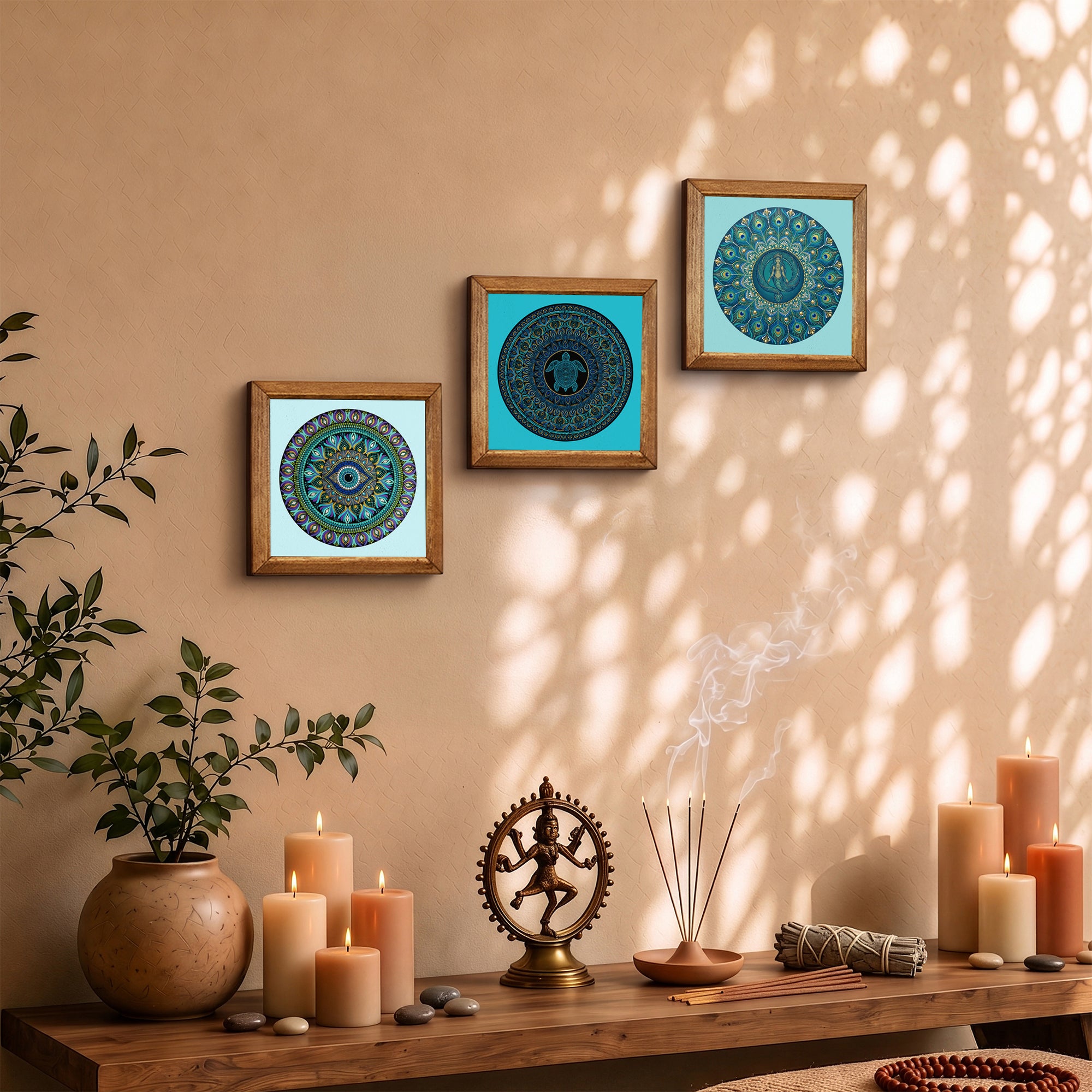 Turtle, Evil Eye &amp; Elephant Mandala Trio Stone Wall Art Set