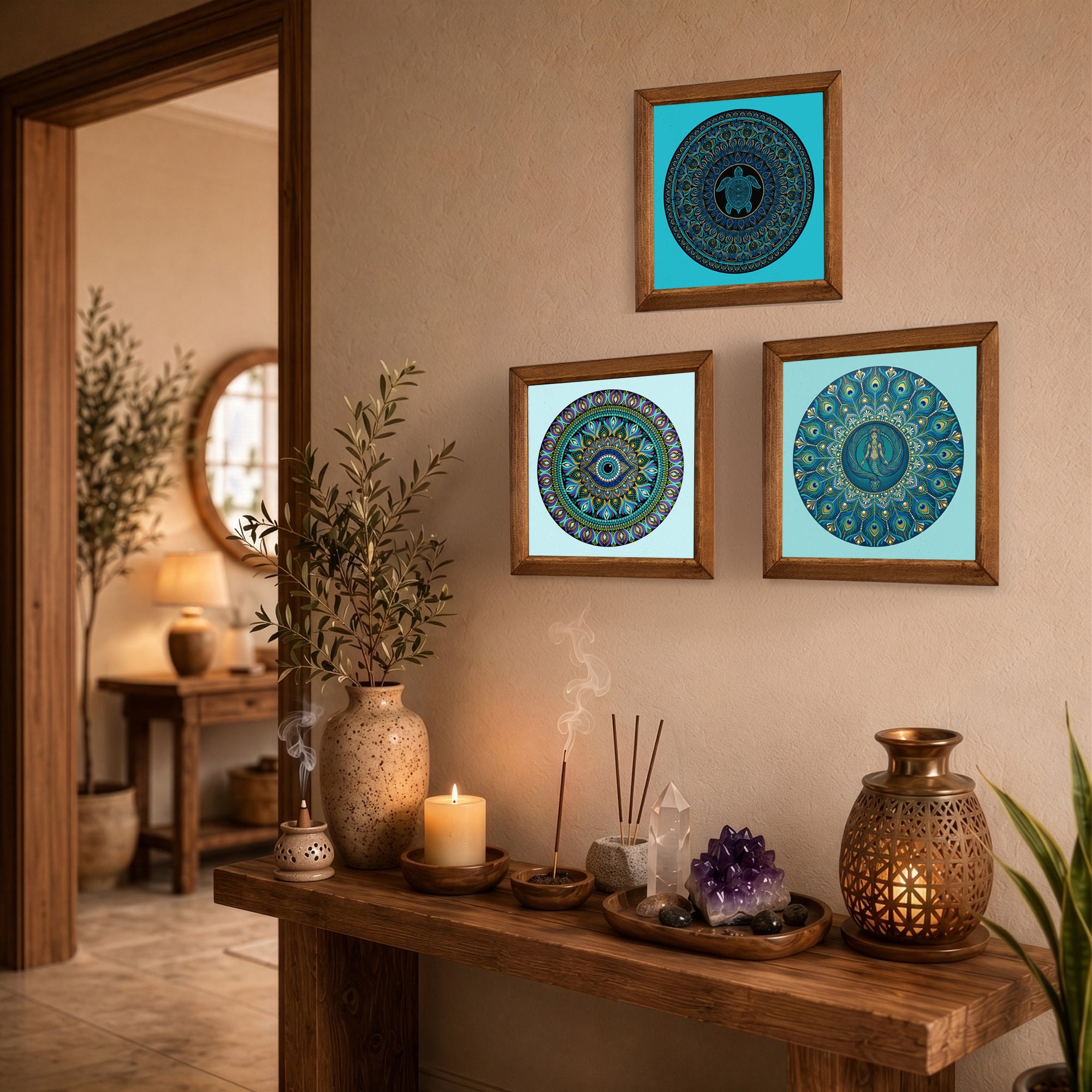 Turtle, Evil Eye &amp; Elephant Mandala Trio Stone Wall Art Set