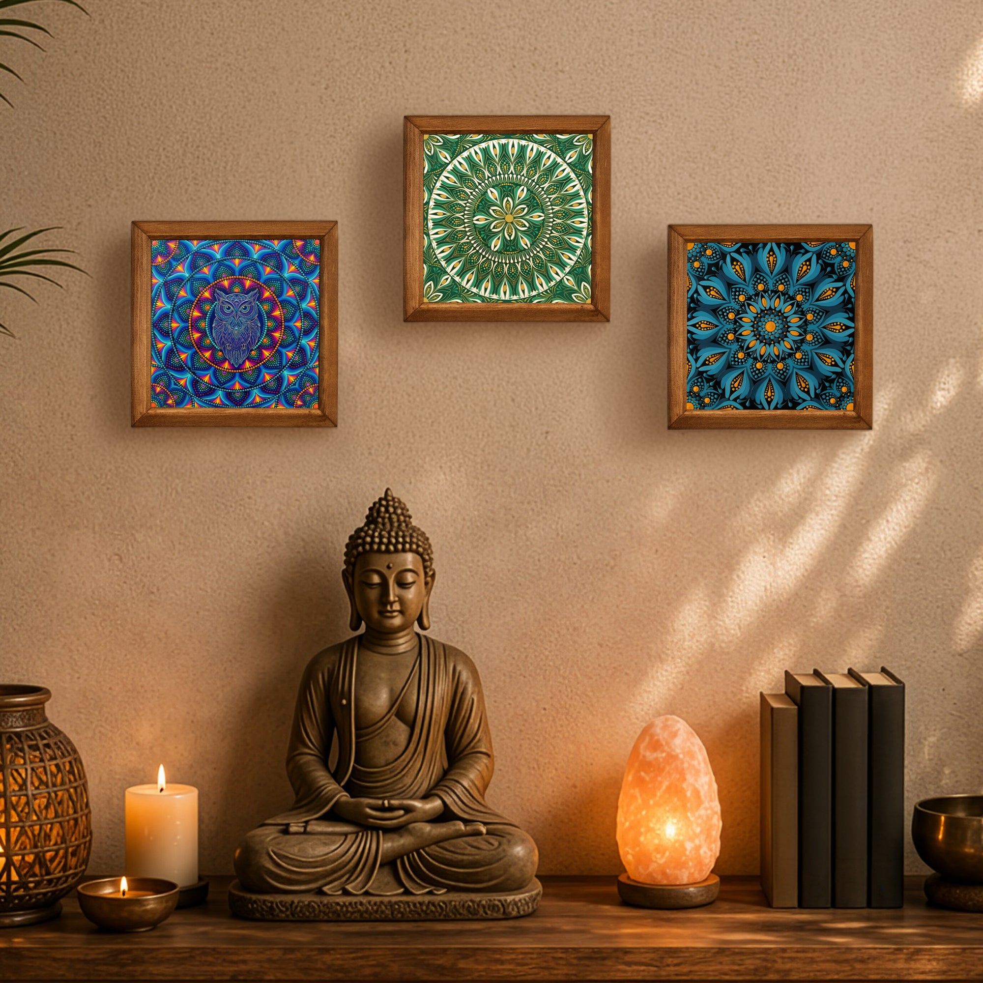 Owl, Green &amp; Blue Mandala Trio Stone Wall Art Set