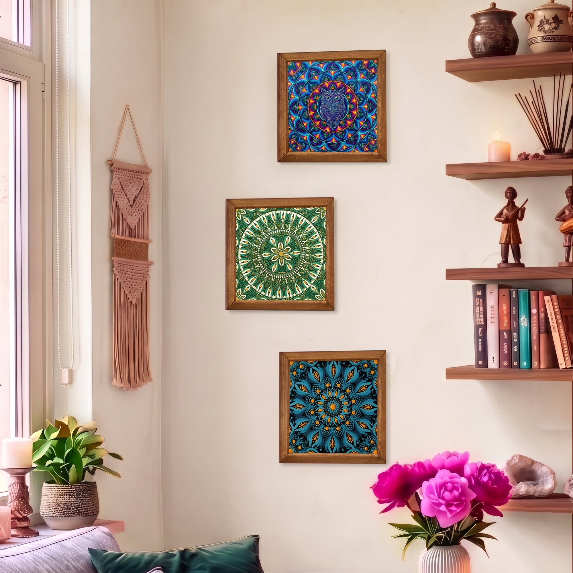 Owl, Green &amp; Blue Mandala Trio Stone Wall Art Set