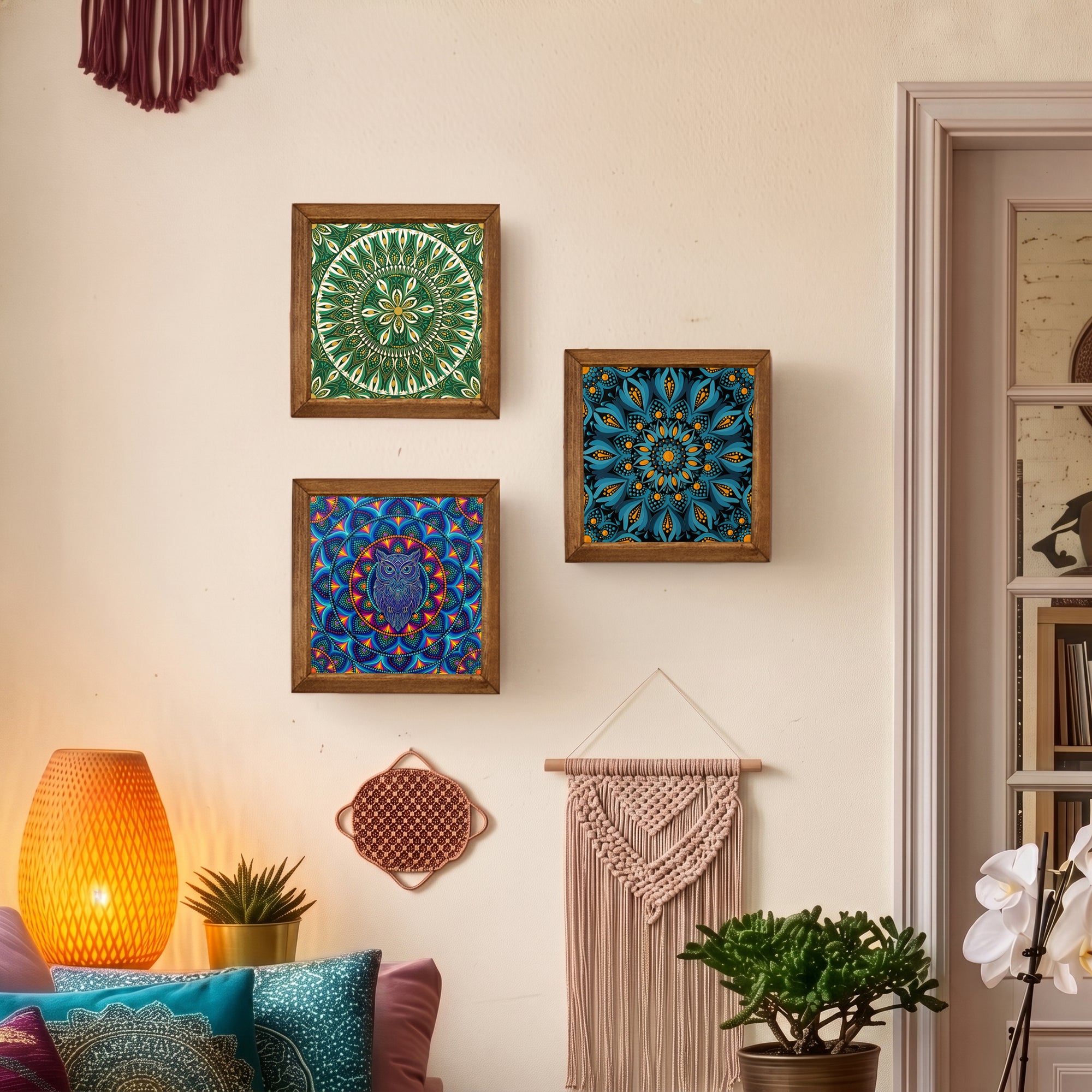 Owl, Green &amp; Blue Mandala Trio Stone Wall Art Set