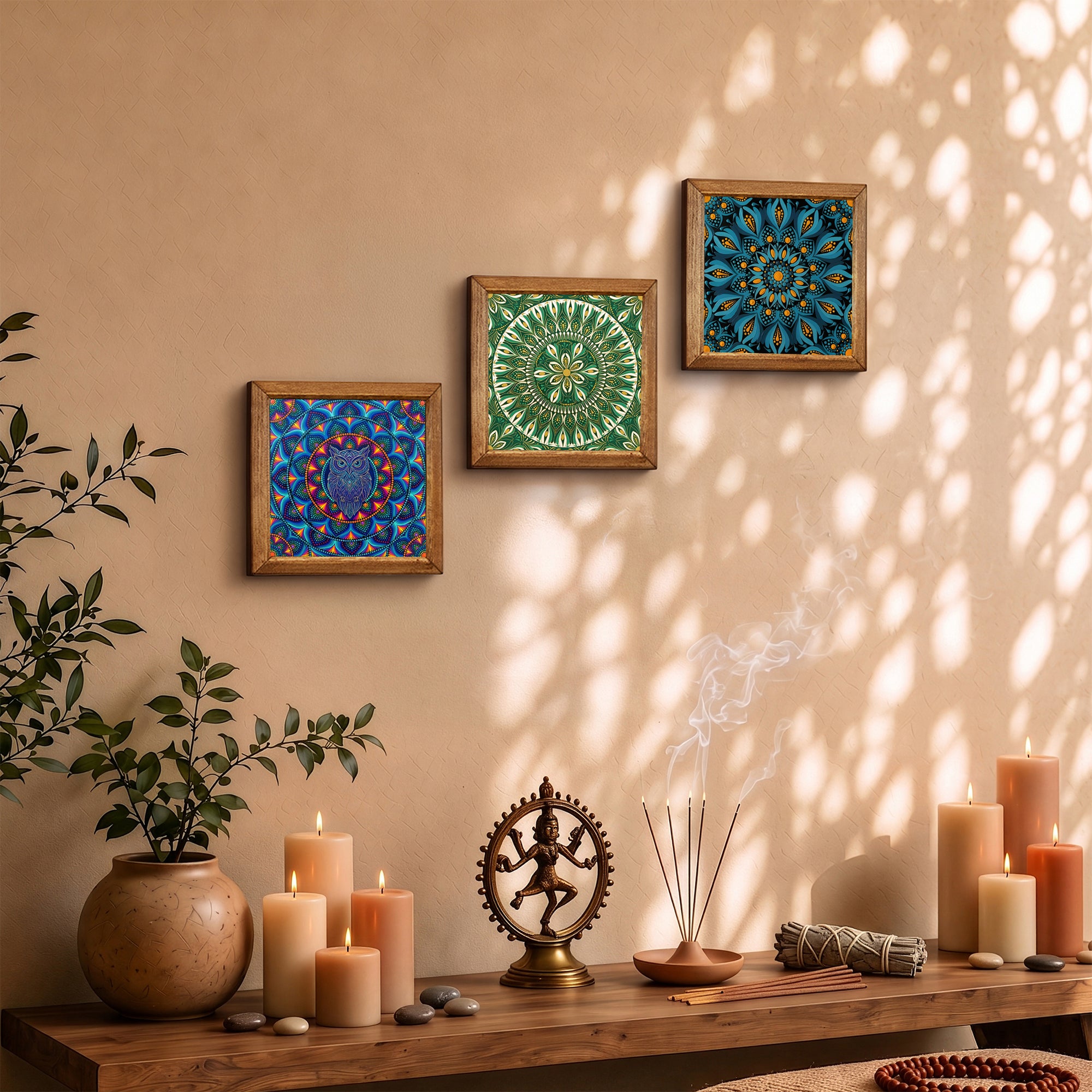 Owl, Green &amp; Blue Mandala Trio Stone Wall Art Set