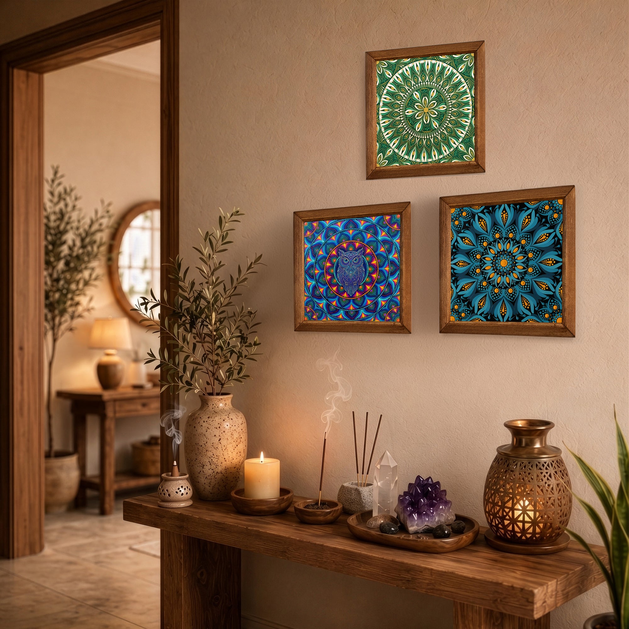 Owl, Green &amp; Blue Mandala Trio Stone Wall Art Set