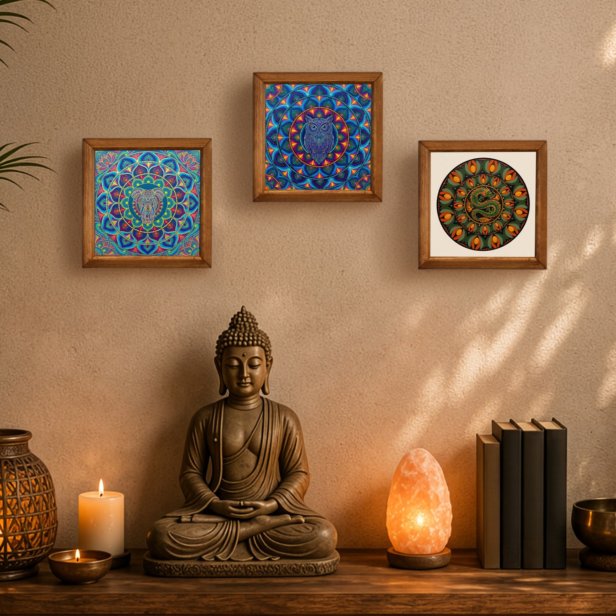 Elephant, Owl &amp; Dragon Mandala Trio Stone Wall Art Set